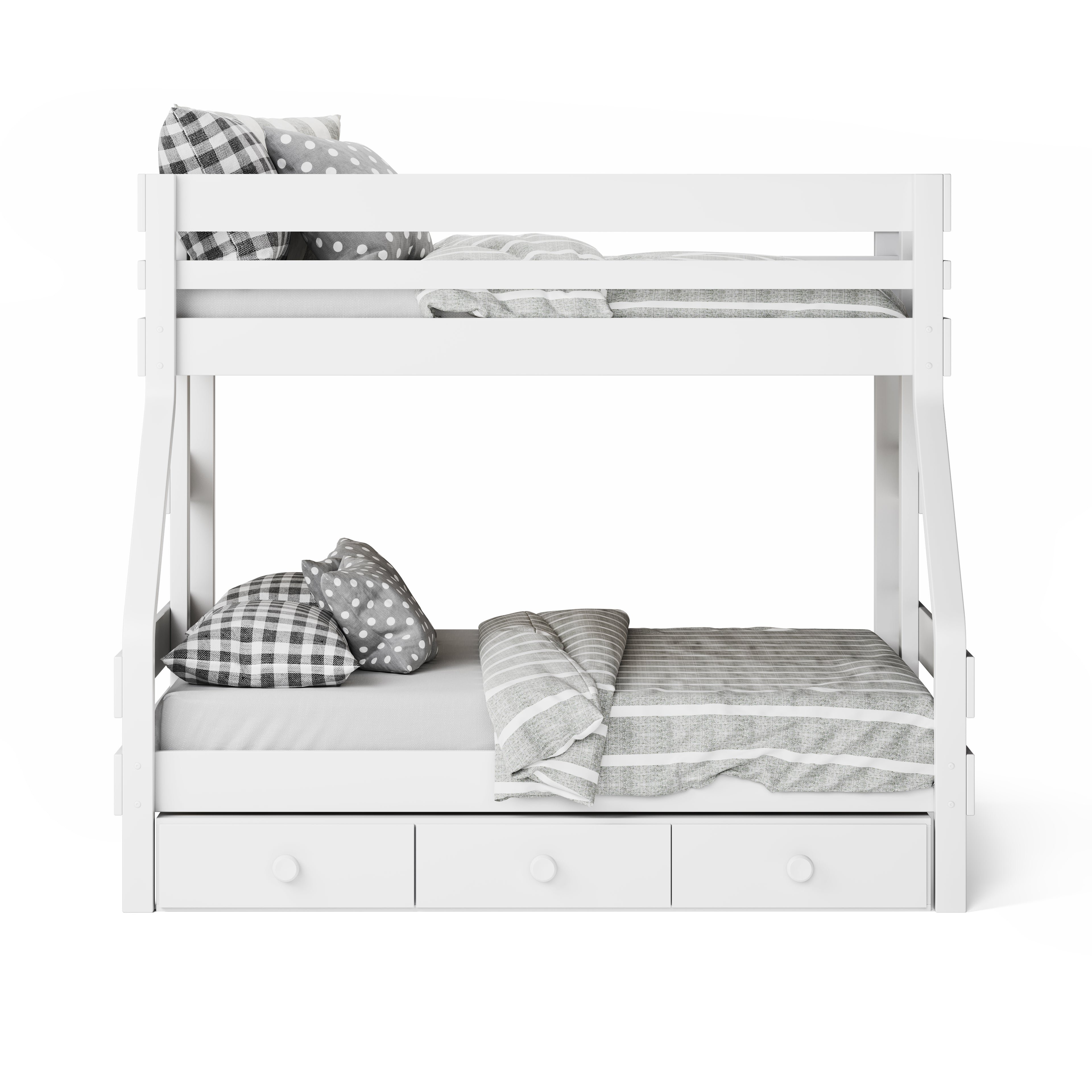 White single over double bunk bed with guardrails and three under-bed drawers, modern style.