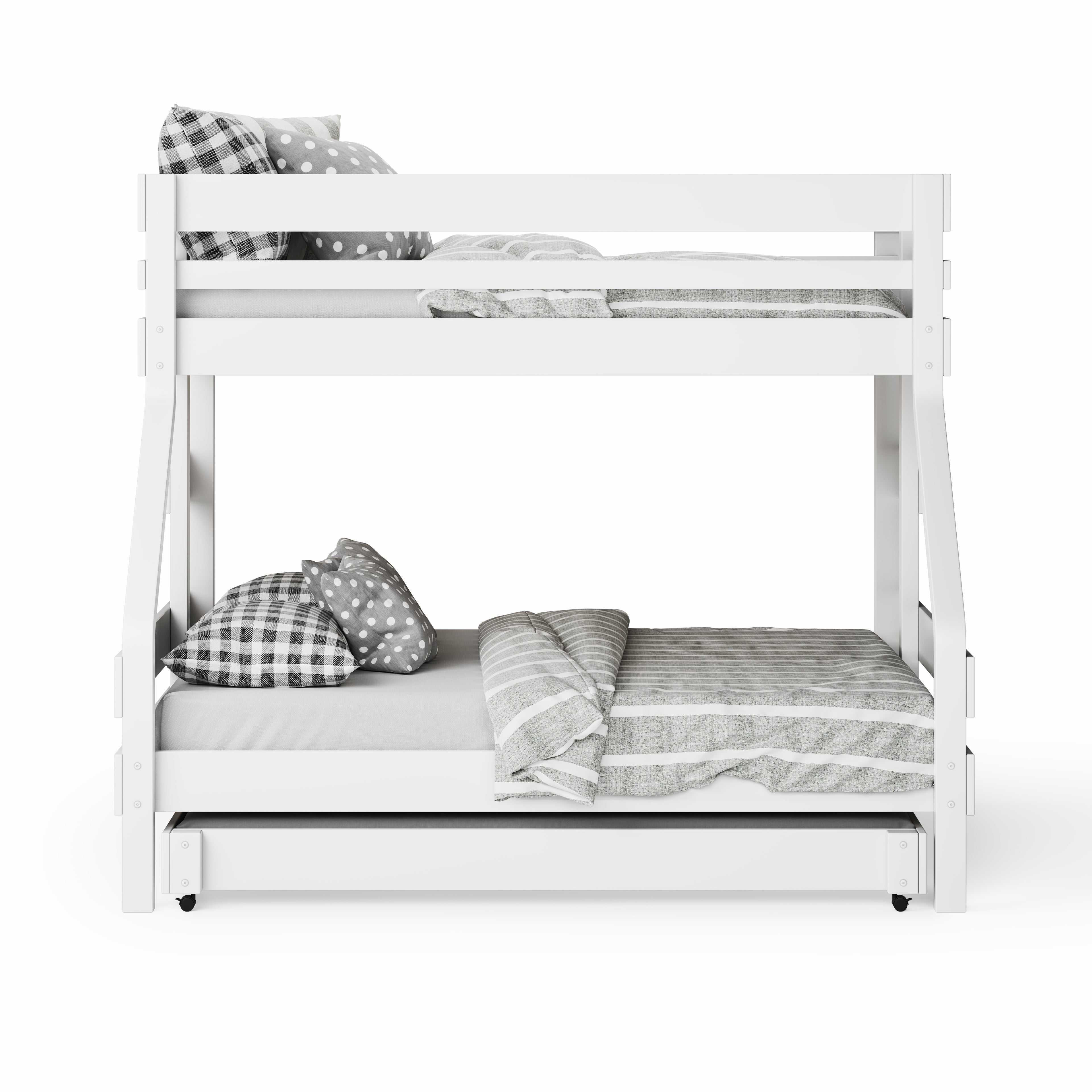 White single over double bunk bed with simple slat design and gray patterned bedding.
