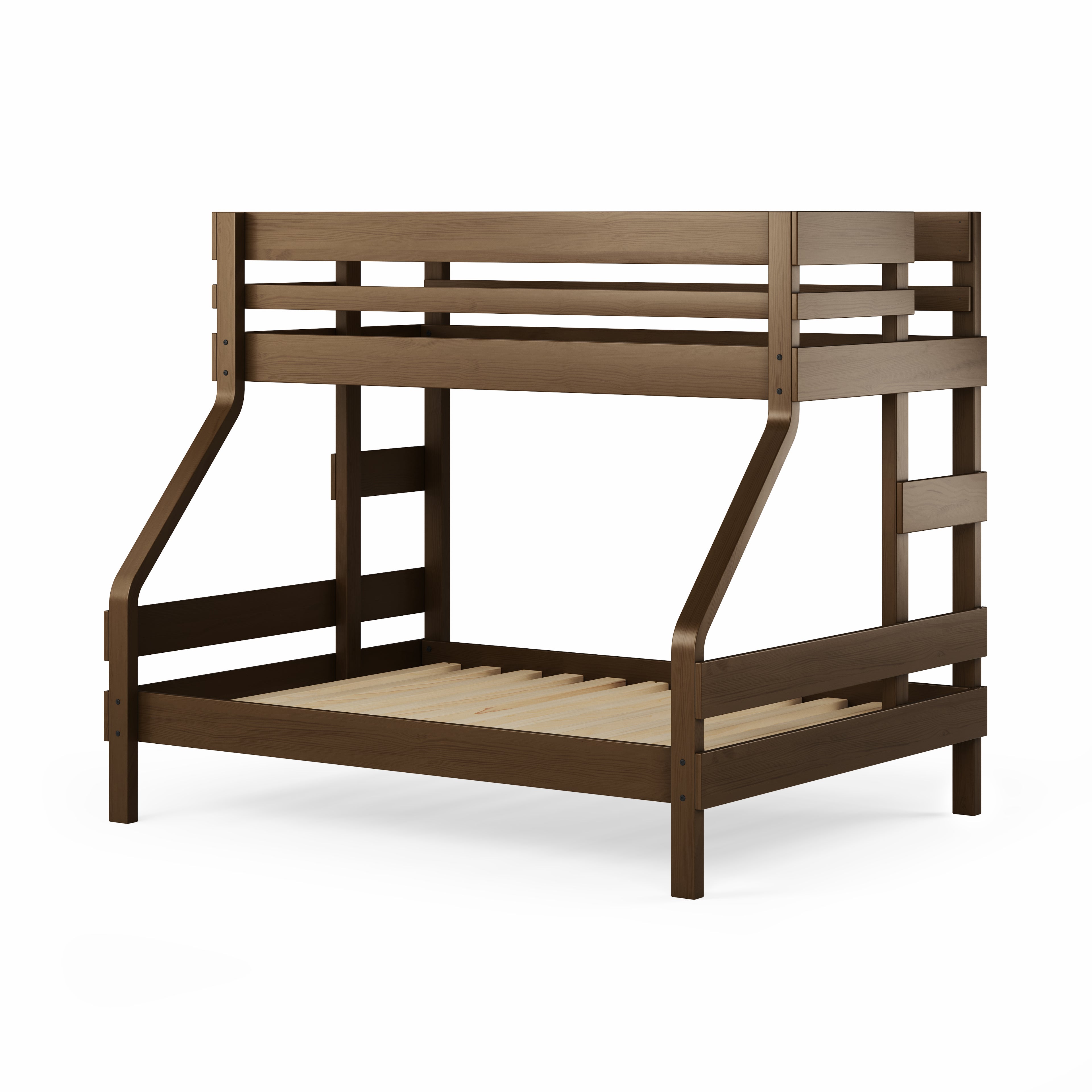Native elm single over double bunk bed with clean, sturdy wooden frame and ladder rails.