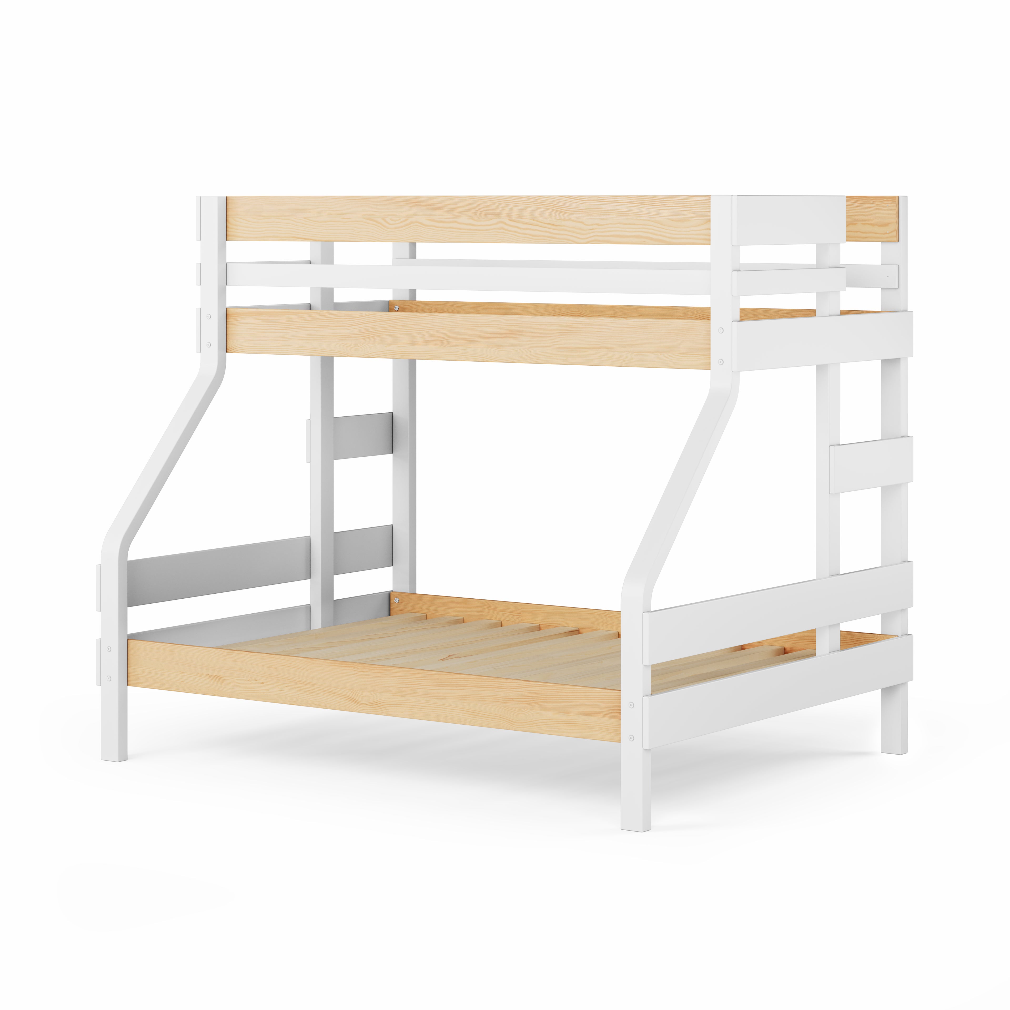 White single over double bunk bed with wooden slats and ladder on right side.
