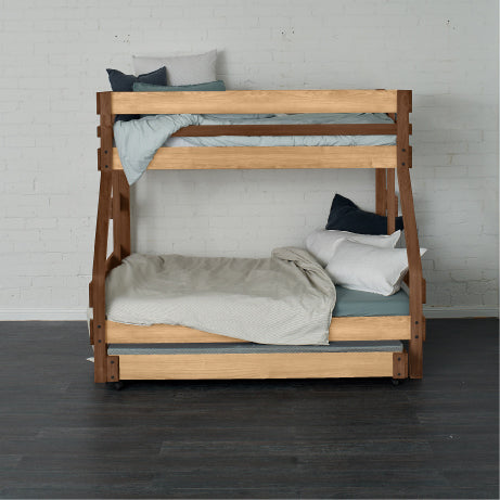 Native elm single over double bunk bed with clean lines and minimalistic design.
