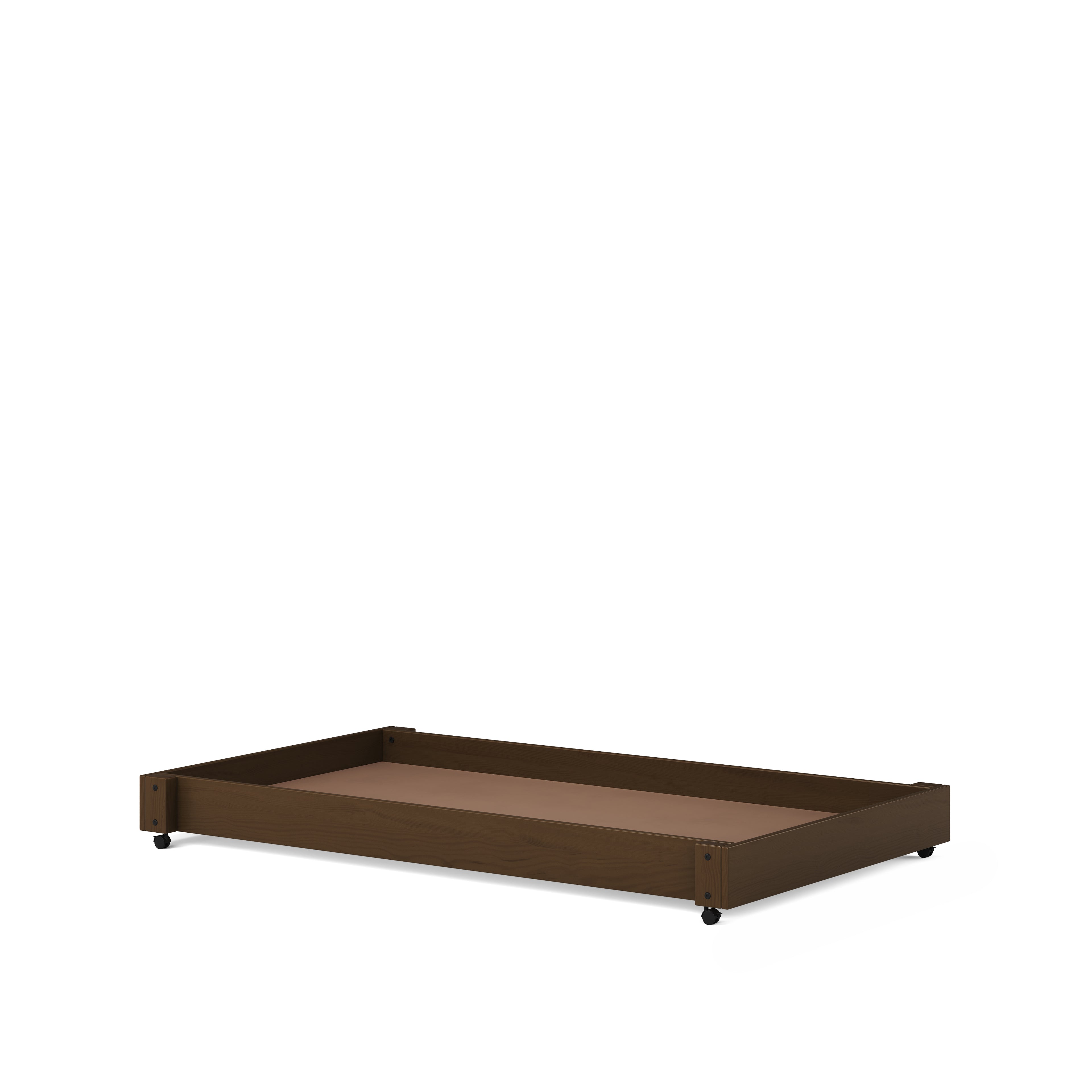 Low wooden trundle bed base on caster wheels in dark brown finish.