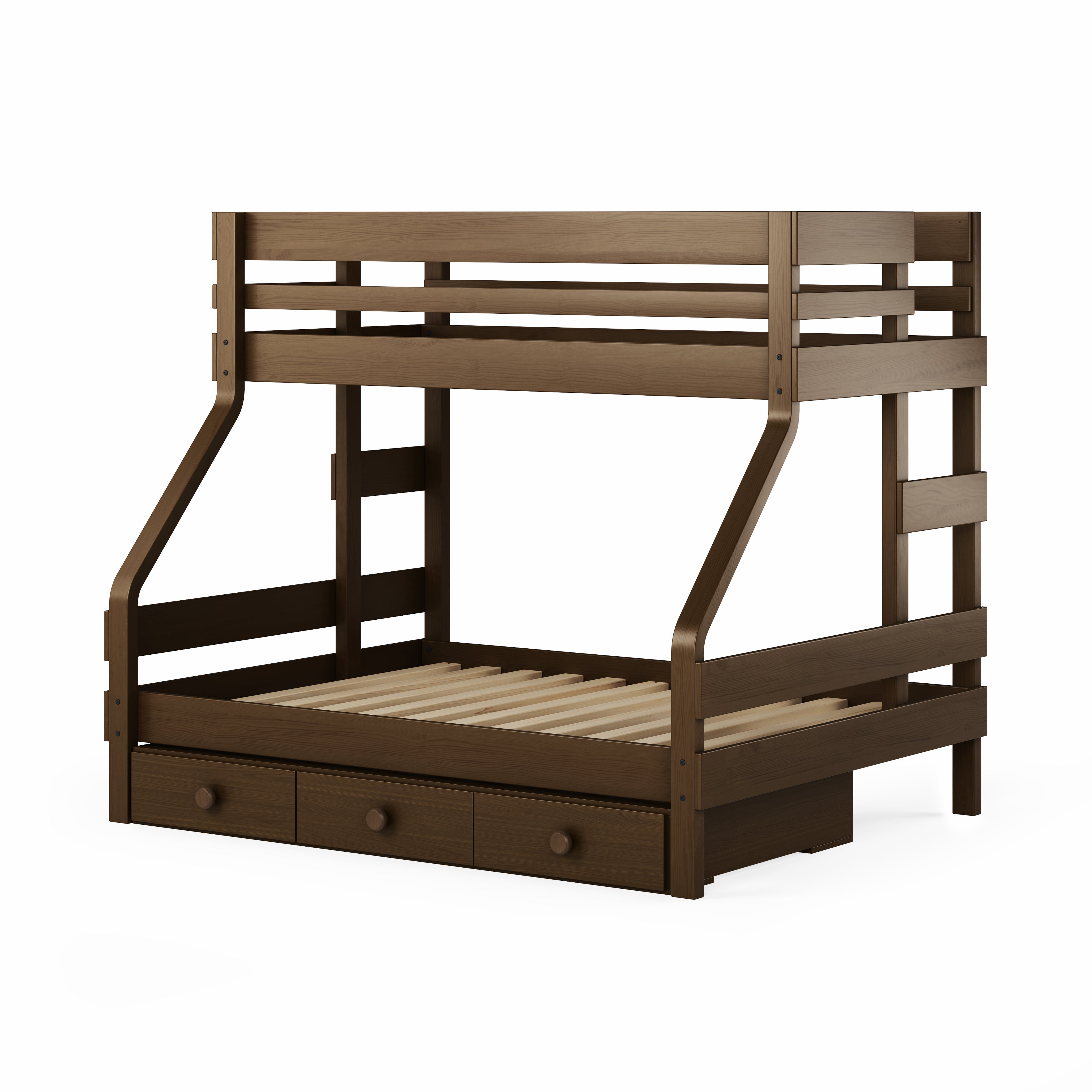 Native elm single over double bunk bed with under bed drawers and ladder.