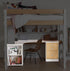 L shaped desktop with under desk shelf and file storage drawers. Pictured under loft bed