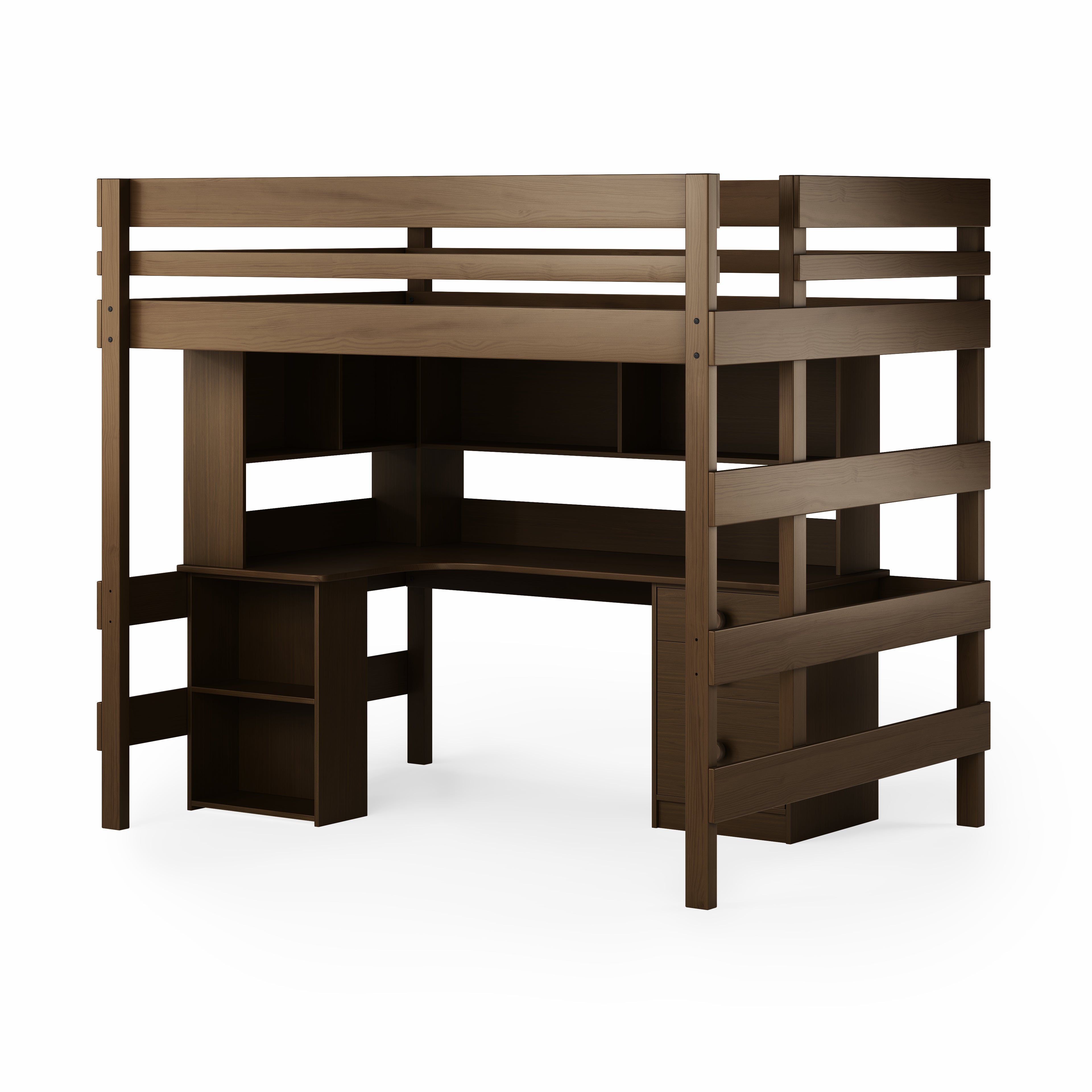 Double loft bed with corner desk in native elm wood with integrated shelving and ladder.