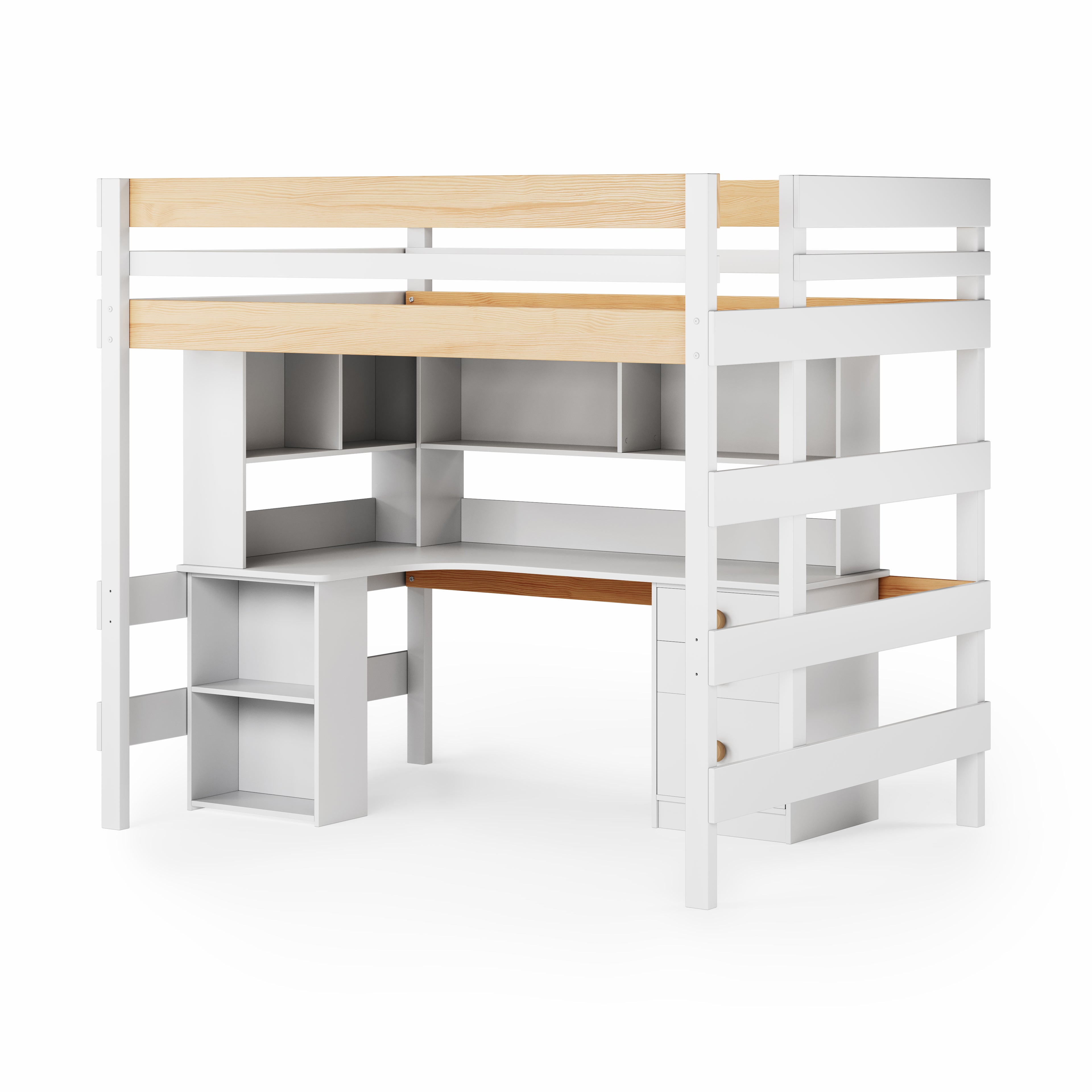 White and natural elm double loft bed with integrated corner desk and open shelving.
