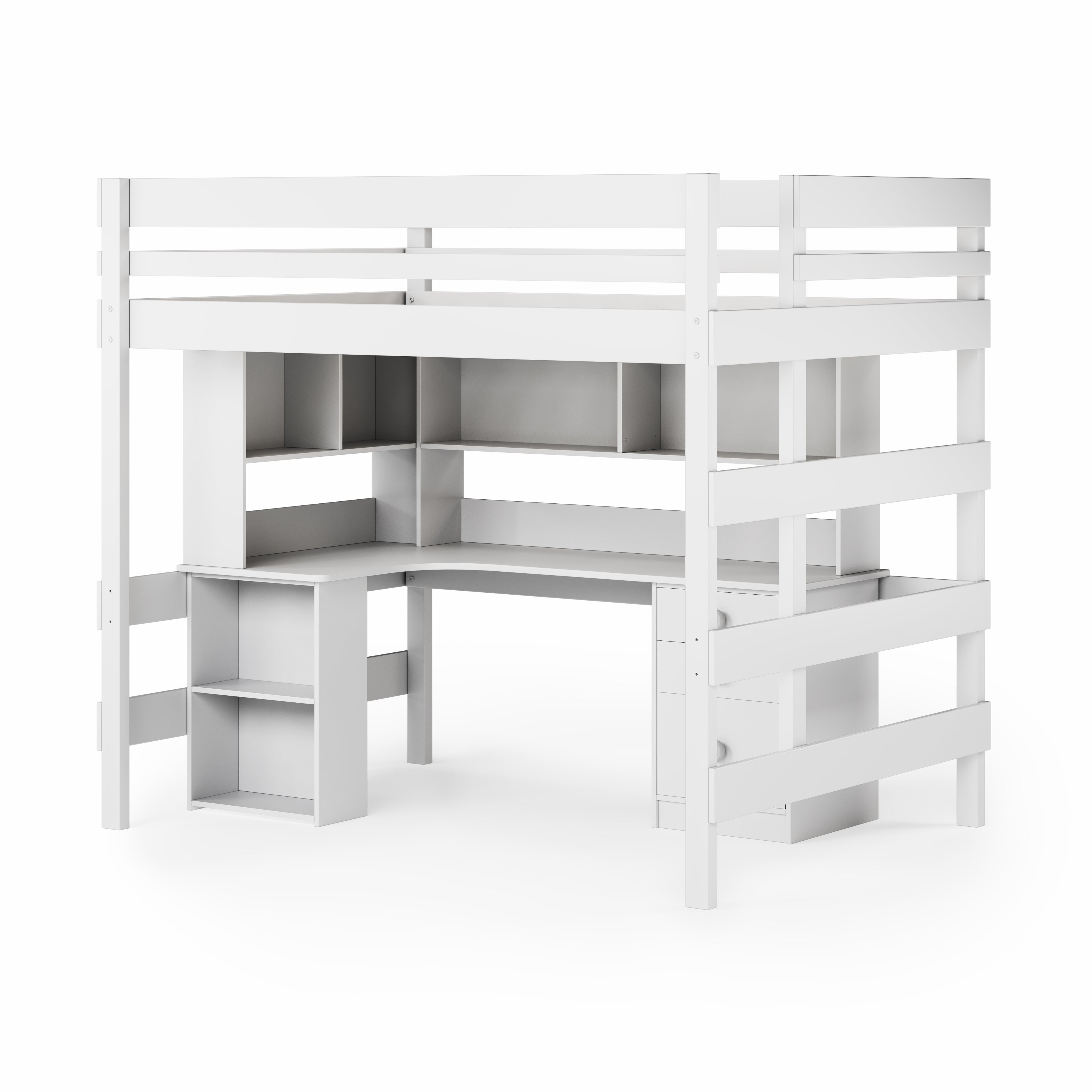 White double loft bed with built-in corner desk and integrated shelving units.