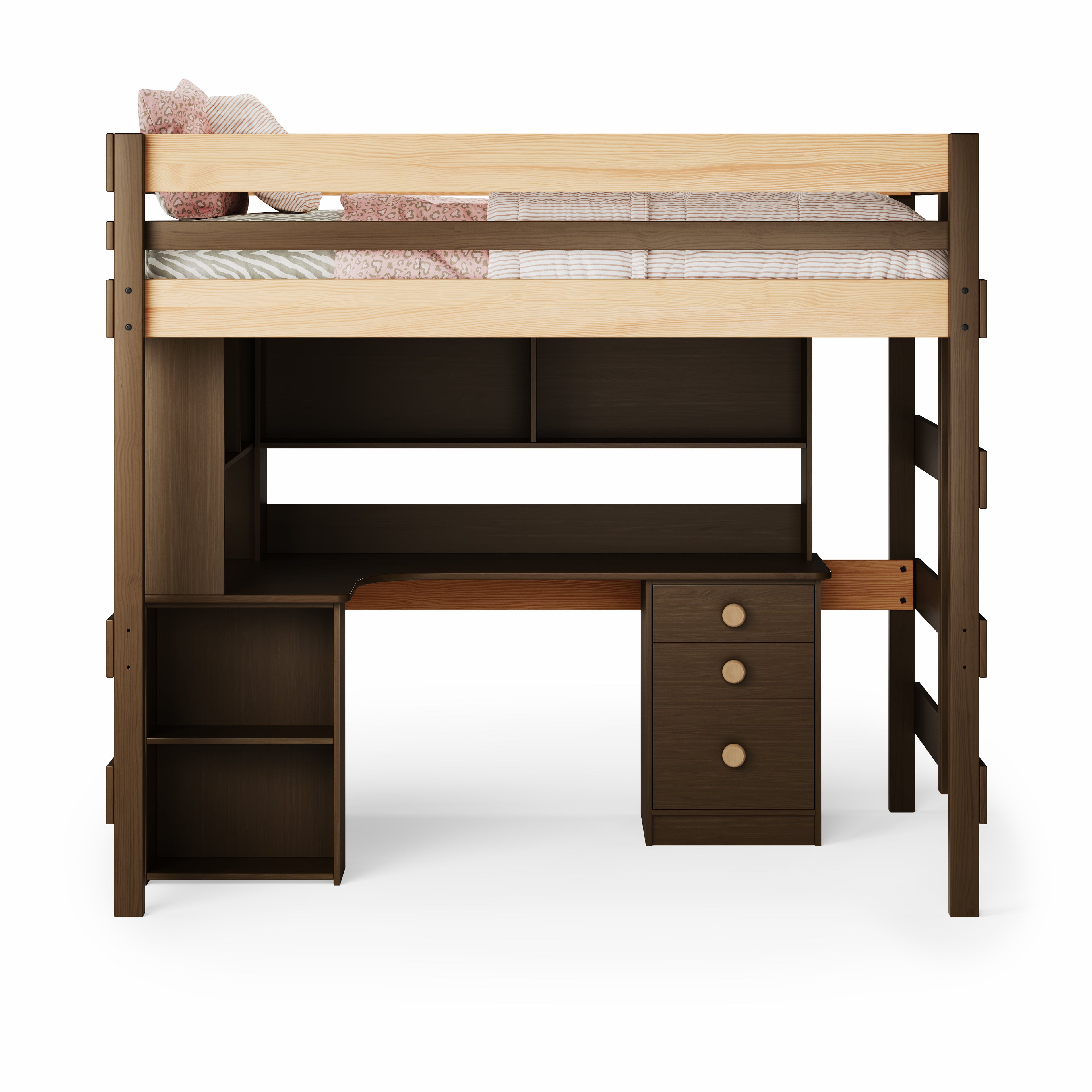 Double loft bed with corner desk in native elm finish, featuring storage drawers and open shelves beneath the bed.