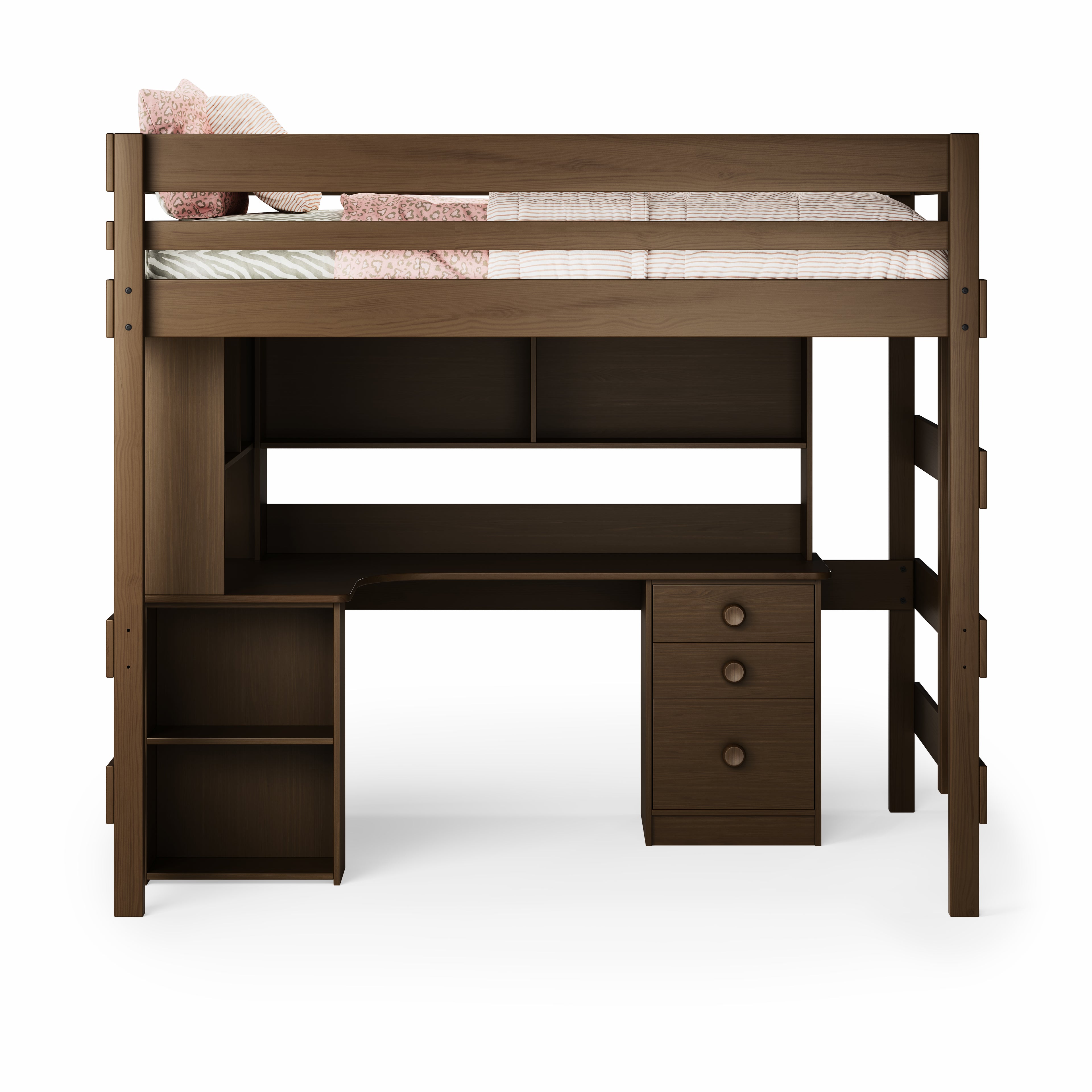 Dark wood double loft bed with integrated corner desk, drawers, and ladder on right side.