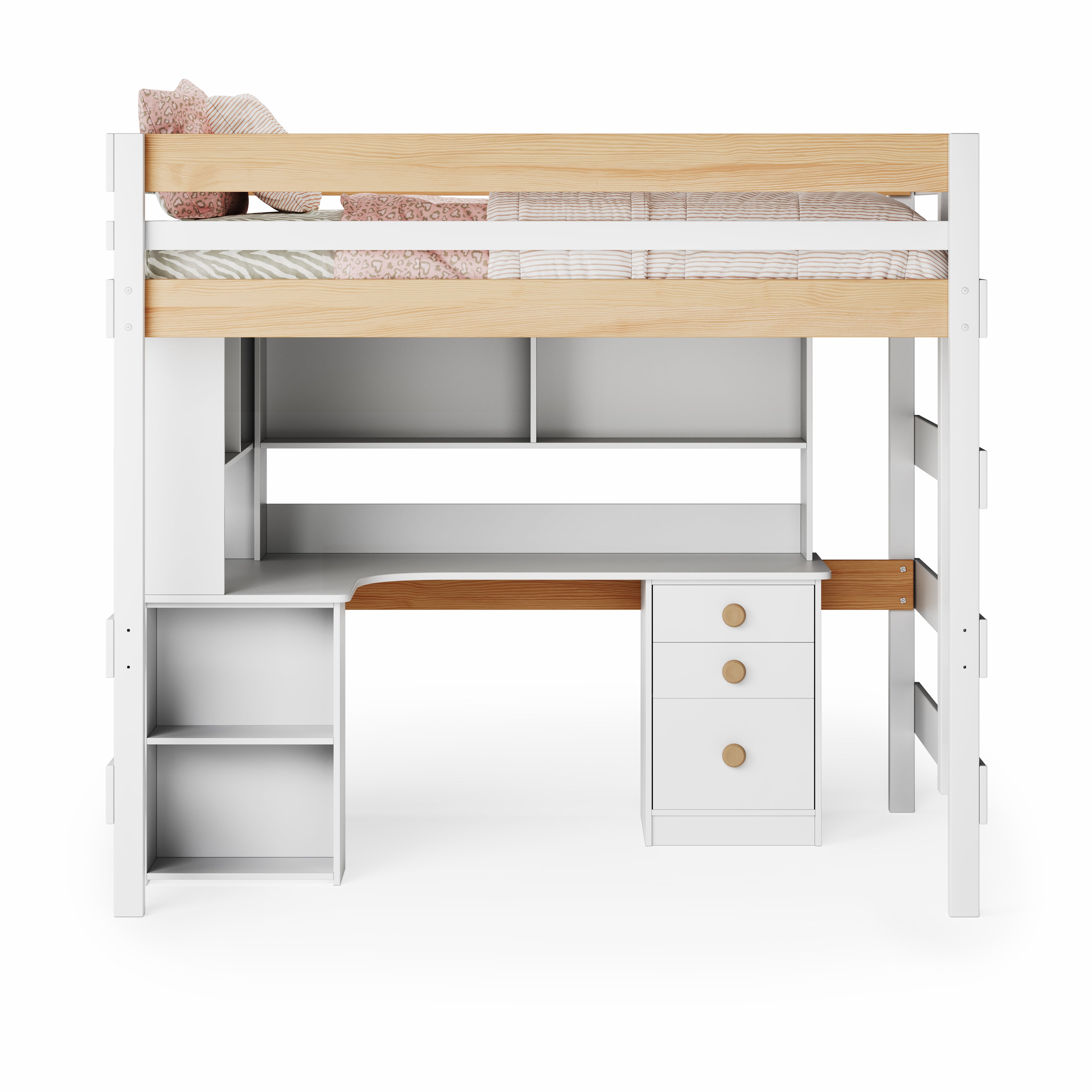 White double loft bed with natural wood railing and corner desk with three drawers and open shelves.