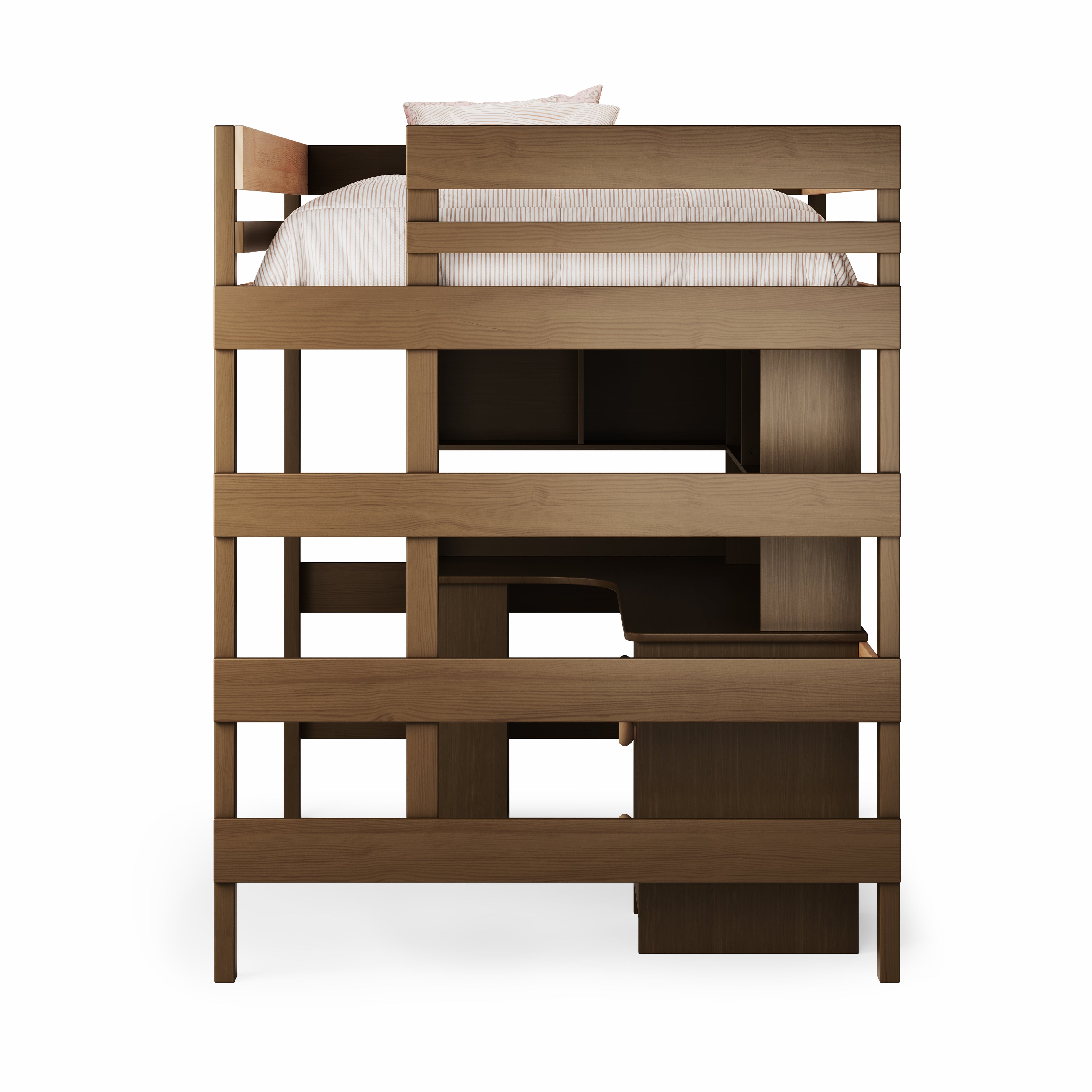 Double loft bed in native elm finish with integrated corner desk and modern slatted design.