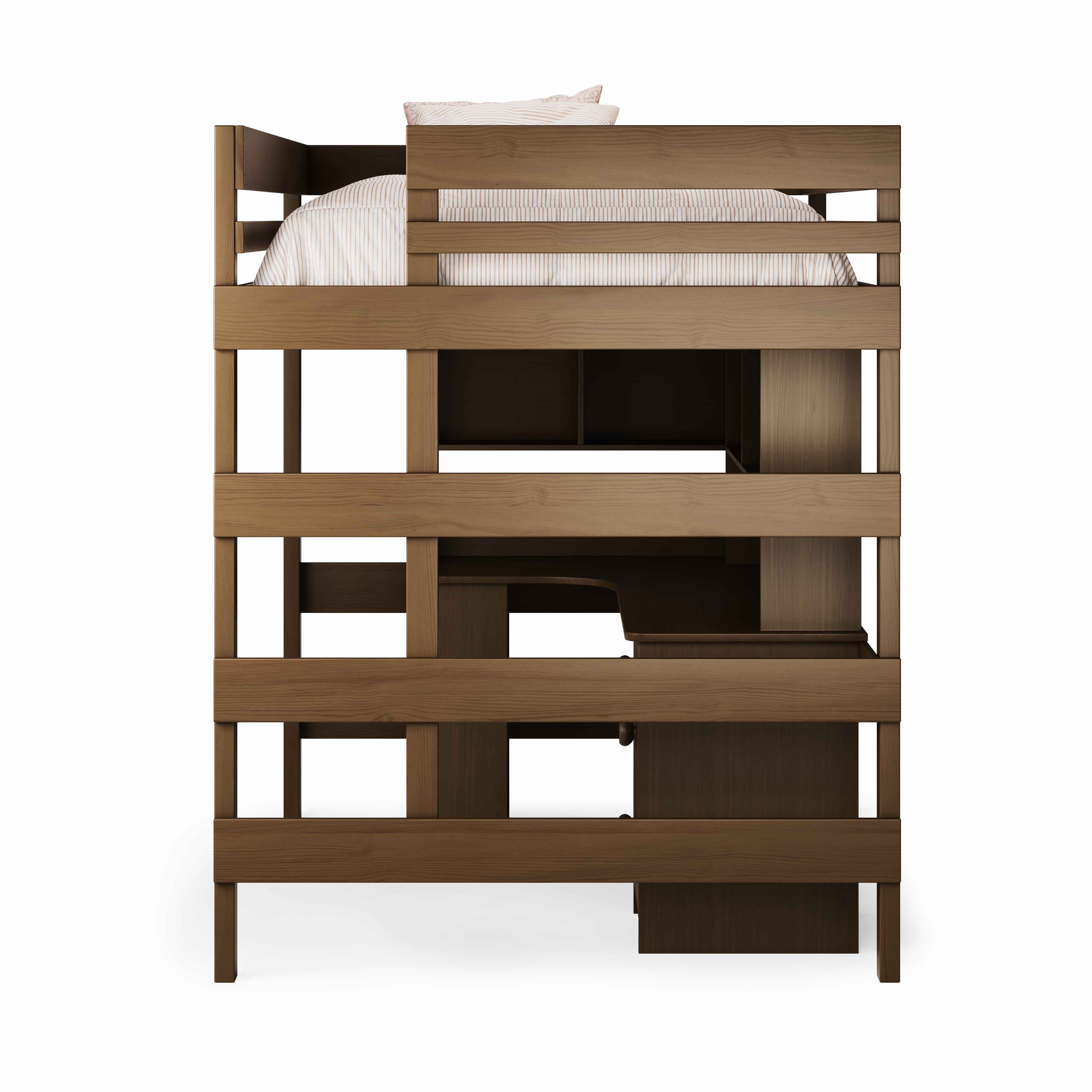 Double loft bed with corner desk in native elm wood finish, space-saving vertical design.