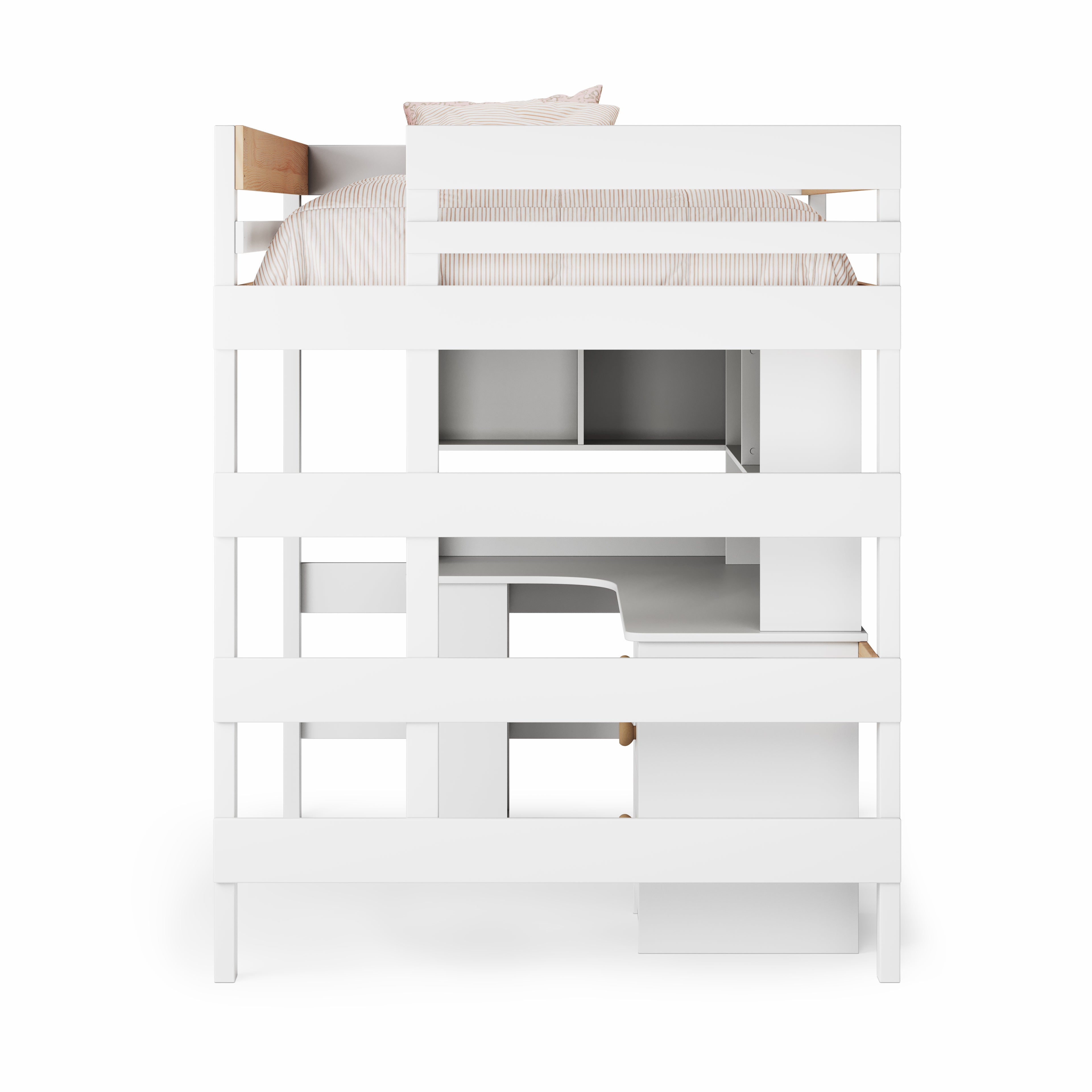 White double loft bed with corner desk and integrated shelving beneath bed platform.