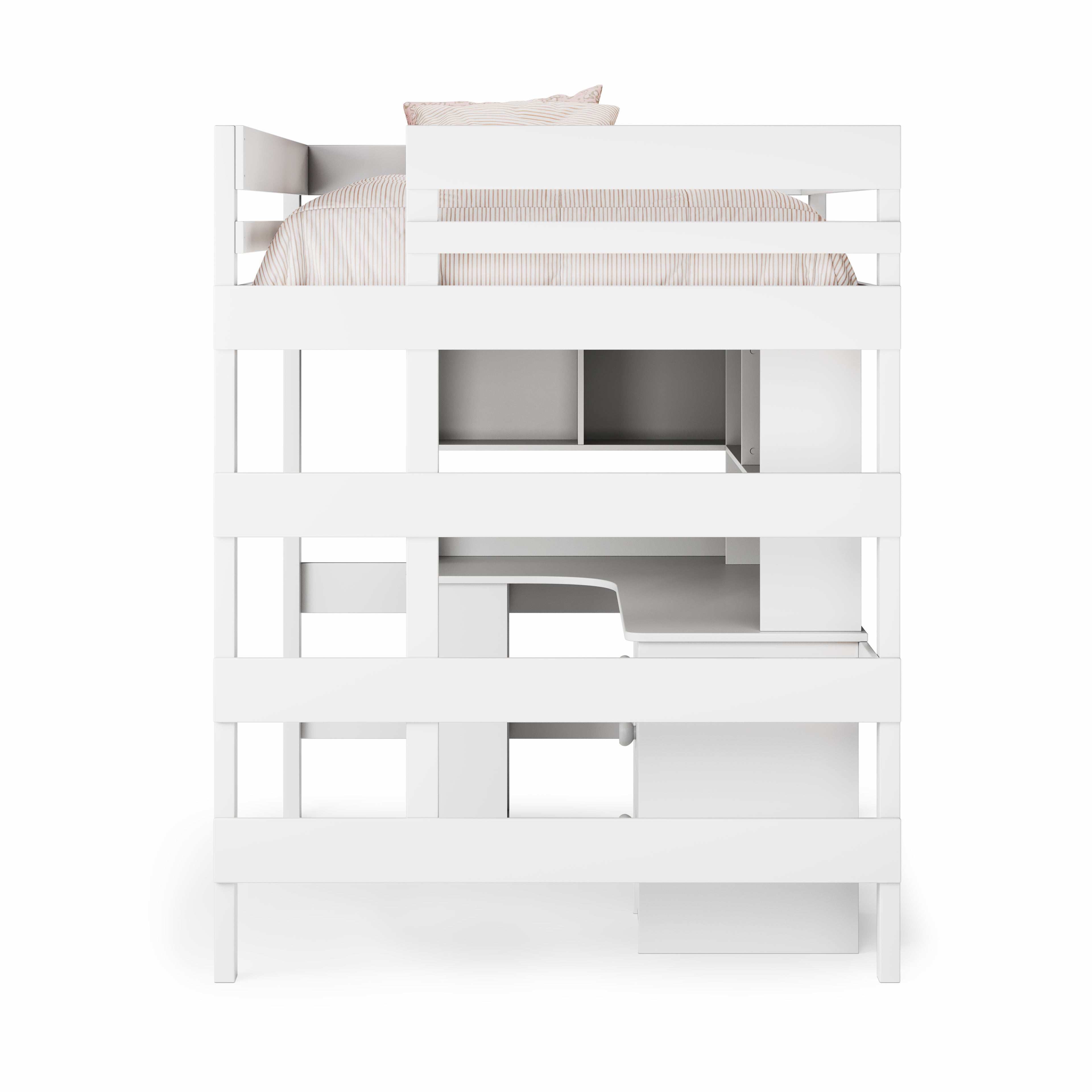 White double loft bed with corner desk, modern minimal design, integrated shelves and desk space.