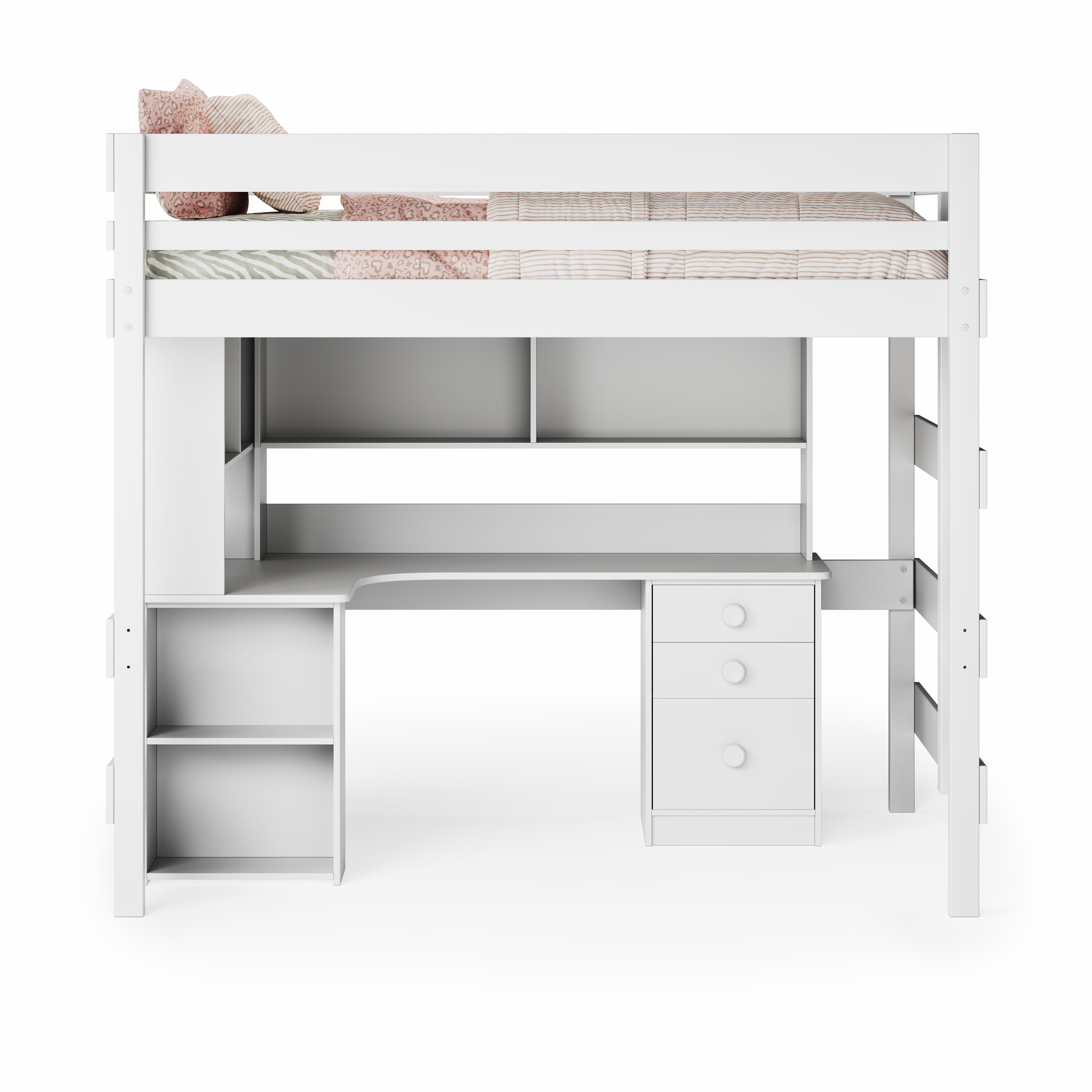 White double loft bed with corner desk, integrated shelves, and drawer unit beneath the bed.