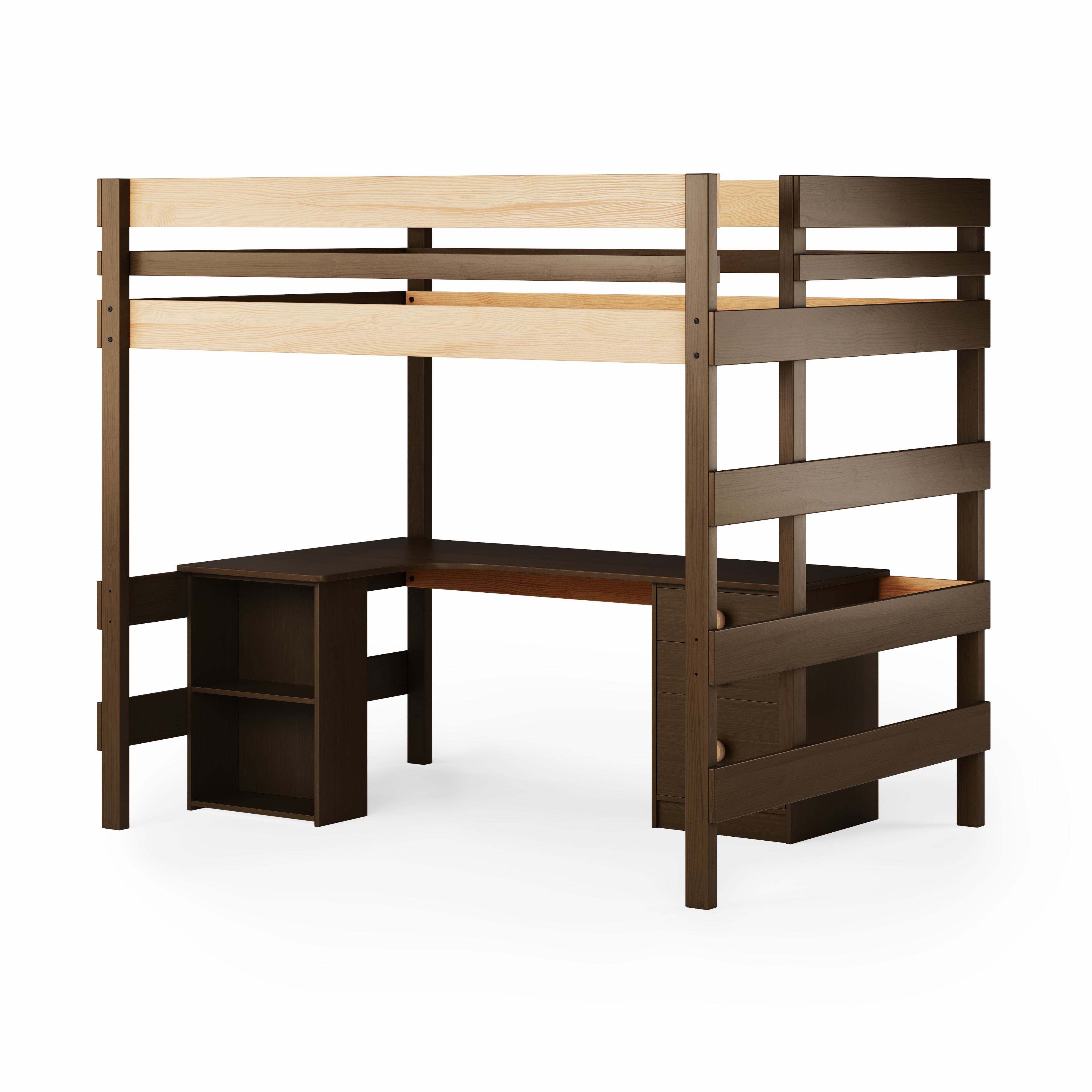 Double loft bed with corner desk in dark wood finish and three open storage shelves below desk.