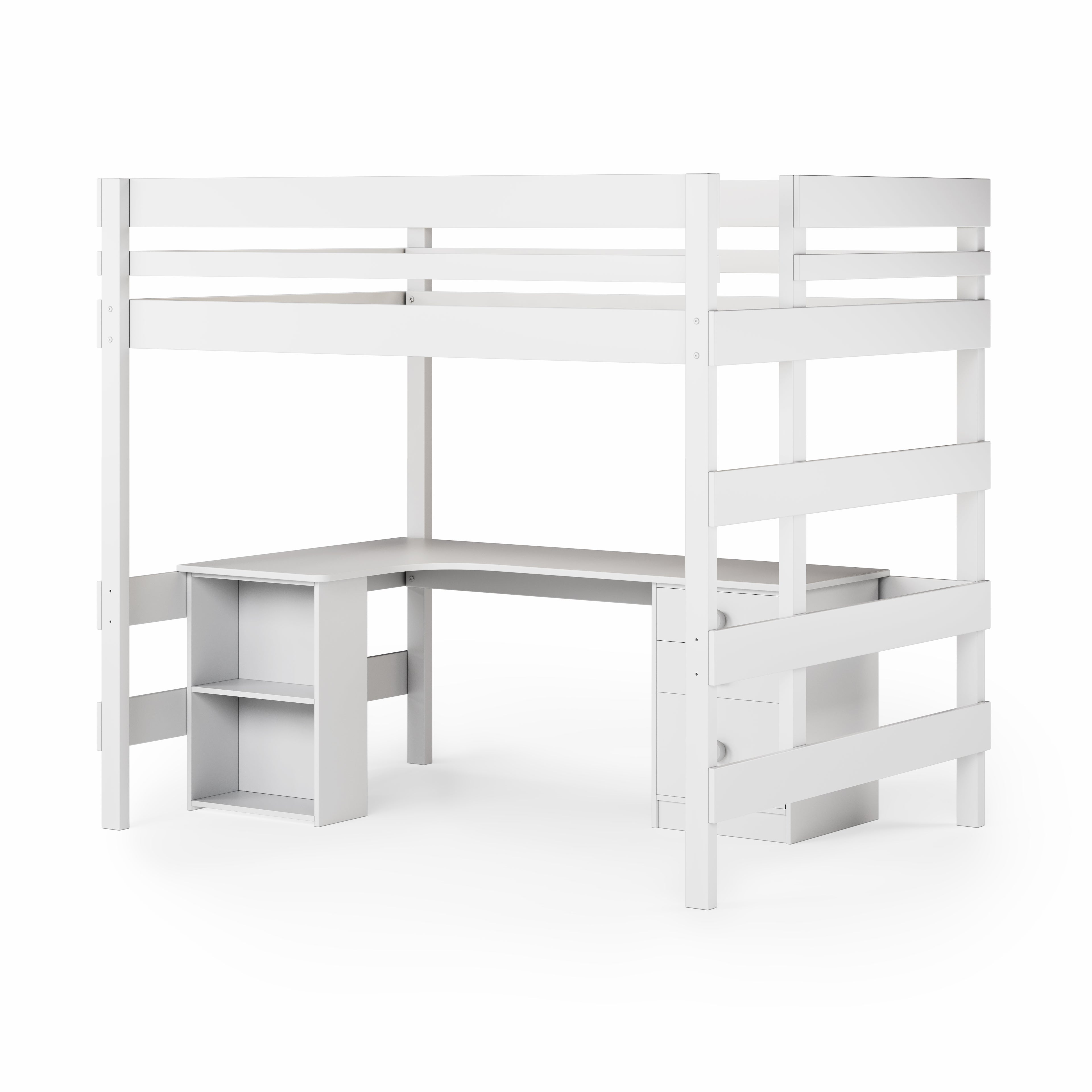 White double loft bed with corner desk and built-in shelving underneath.