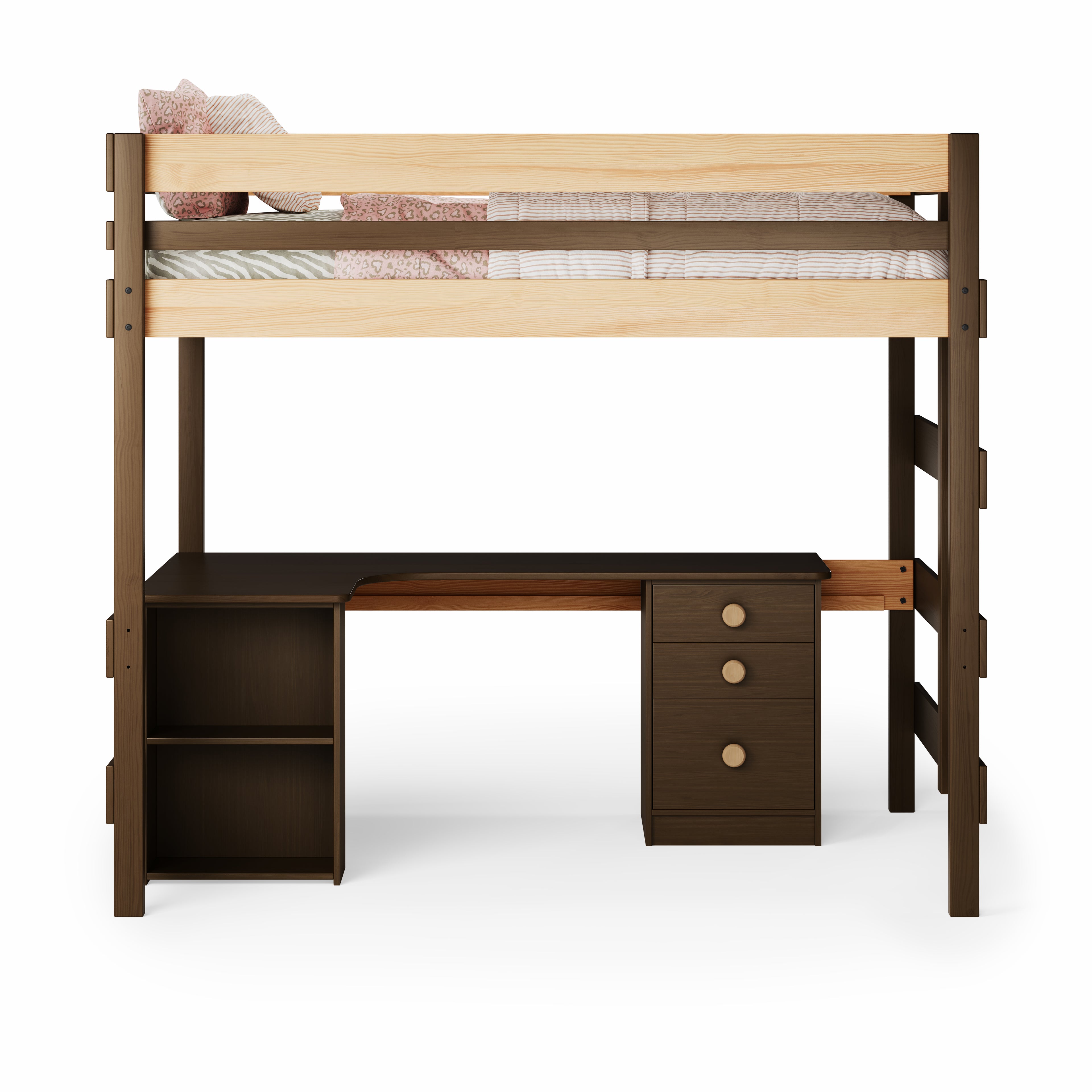 Double loft bed with corner desk in dark wood finish, featuring storage shelves and drawers under the bed.