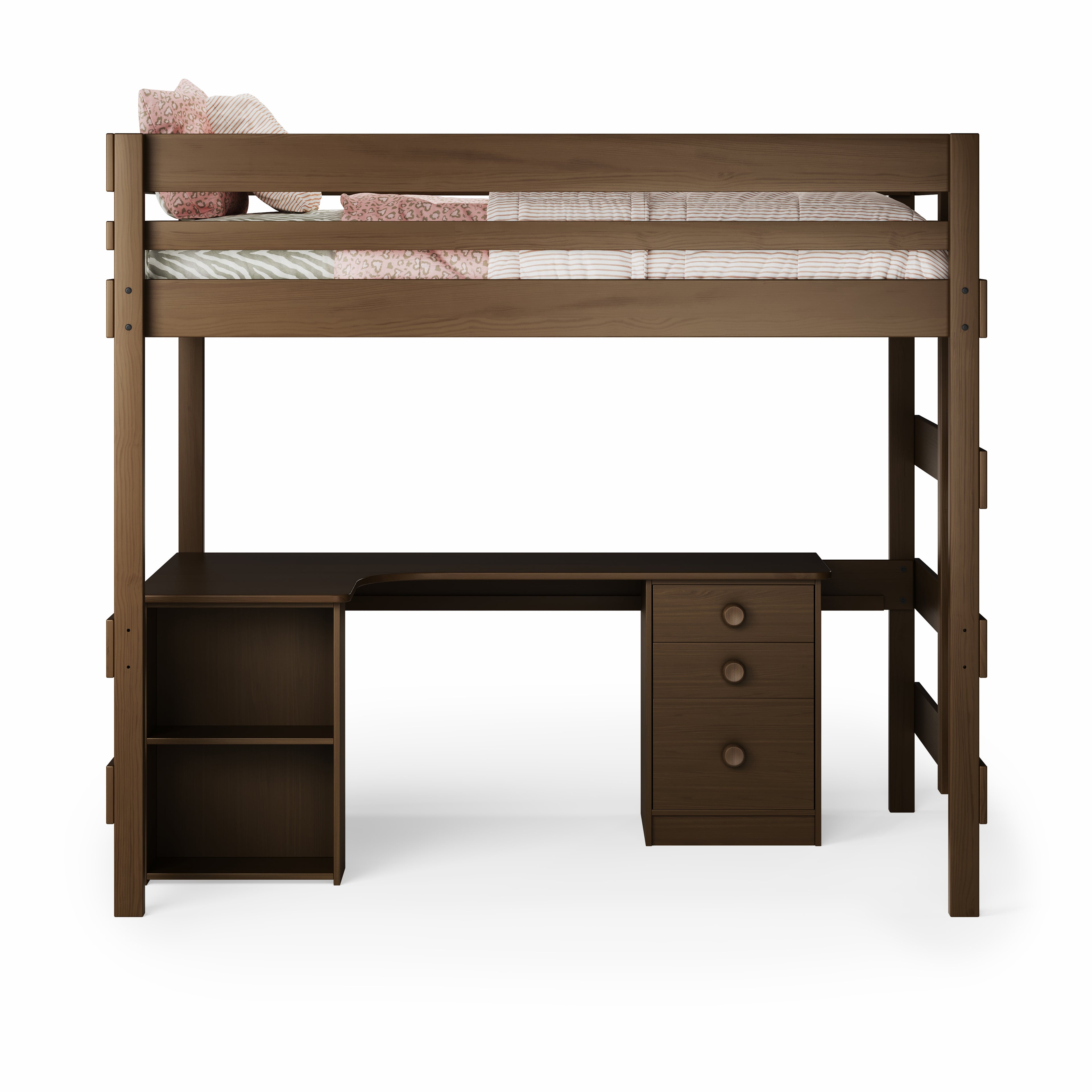 Double loft bed with corner desk in dark wood finish, featuring open shelves and three drawers on the desk side.