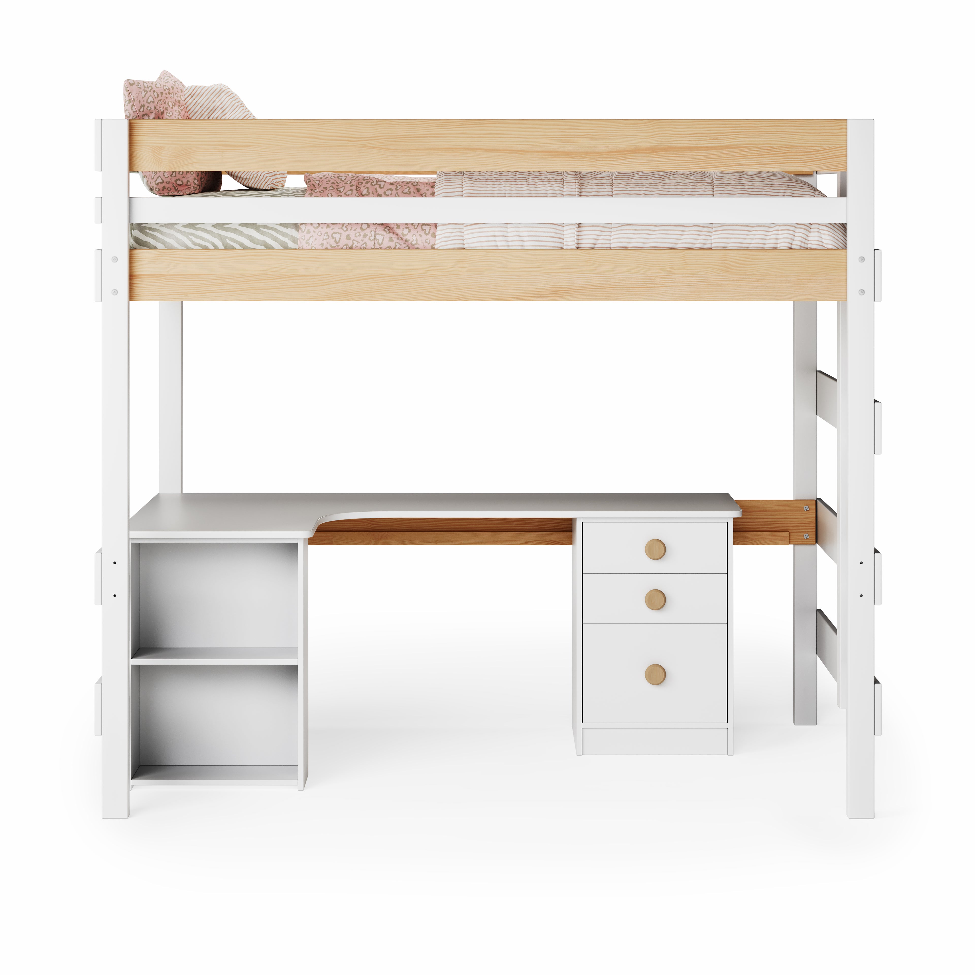 White double loft bed with corner desk, attached storage shelves, and drawer unit with wooden handle accents.