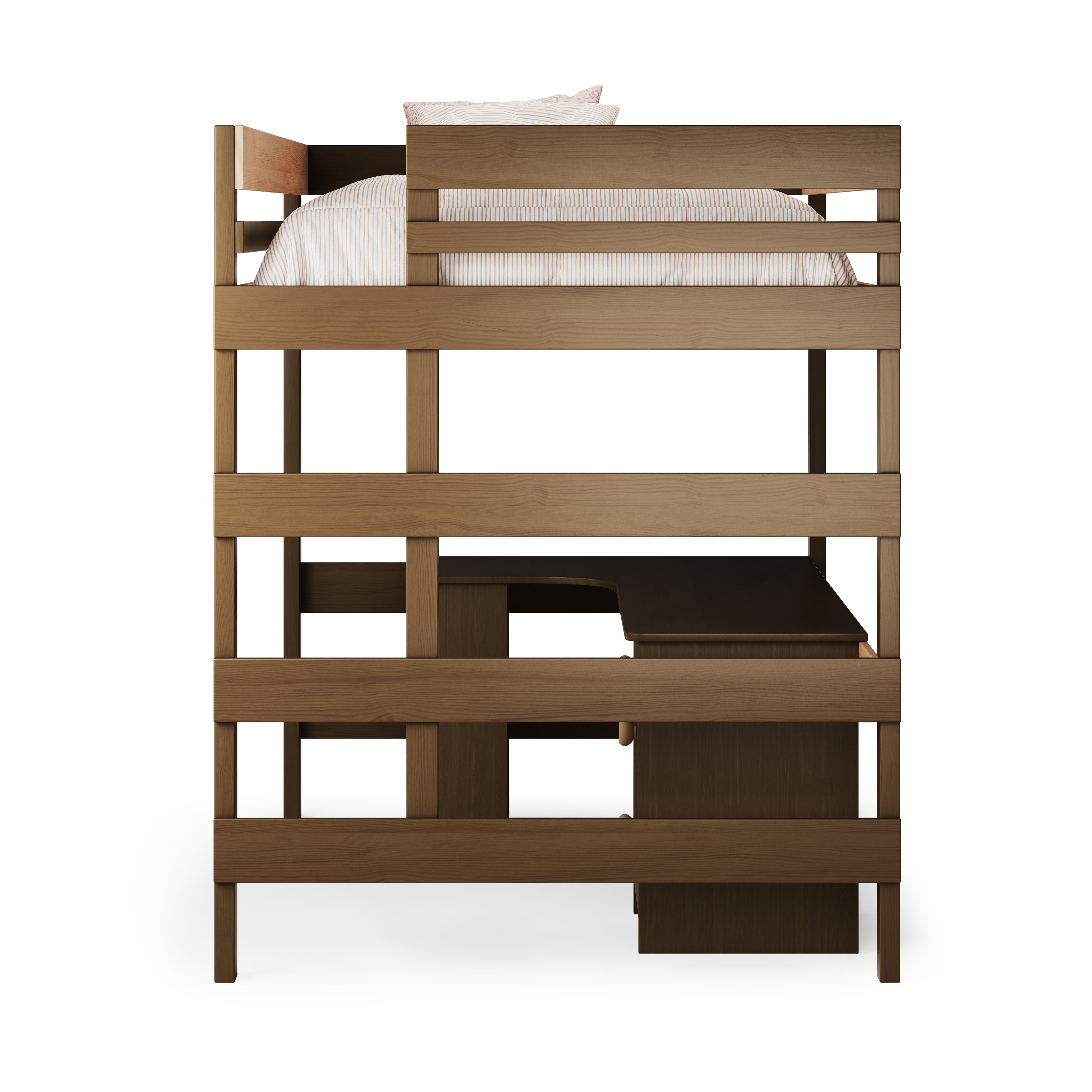 Double loft bed with corner desk in native elm wood finish, showcasing sturdy ladder and open slatted design.