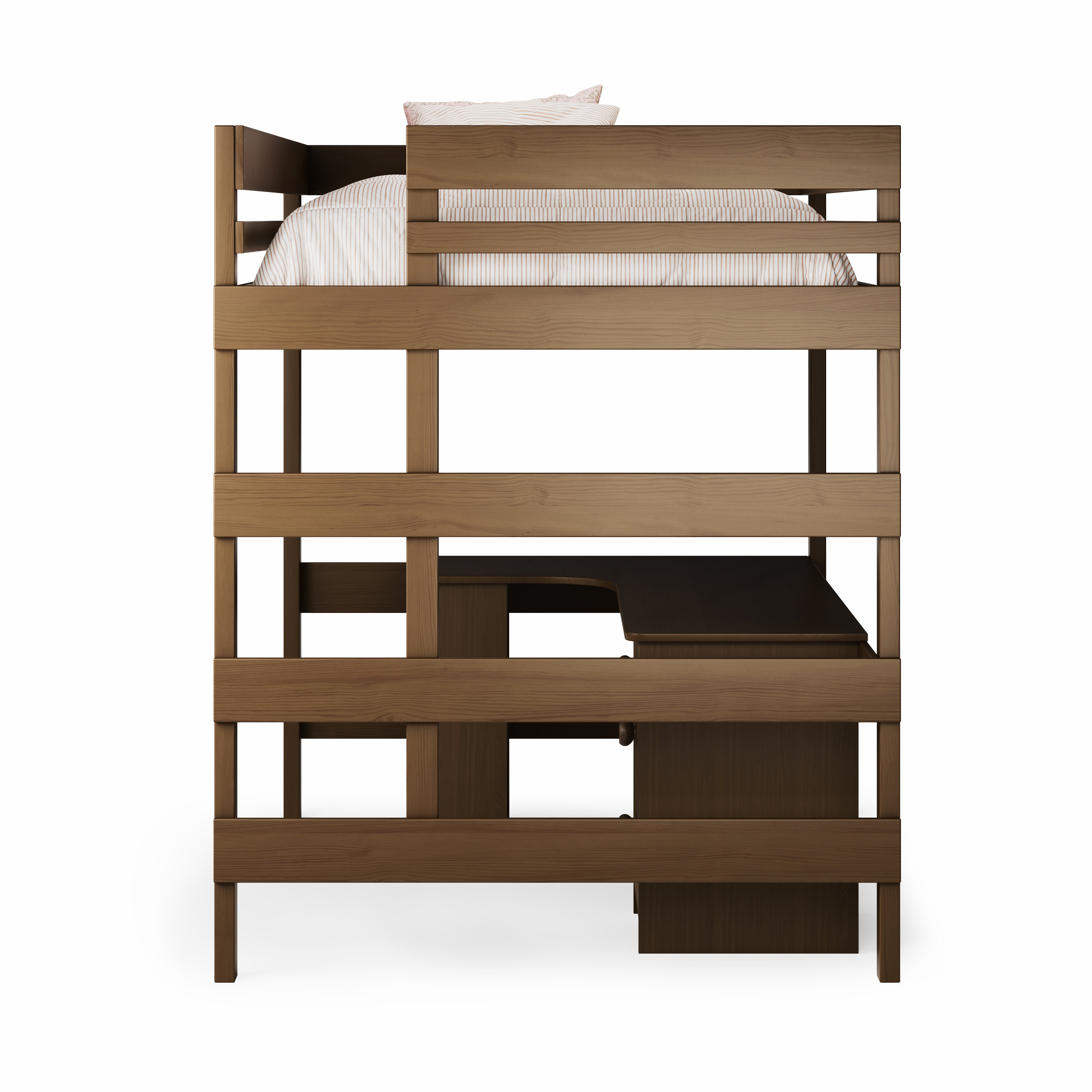 Native elm double loft bed with corner desk and integrated stairs, modern design.