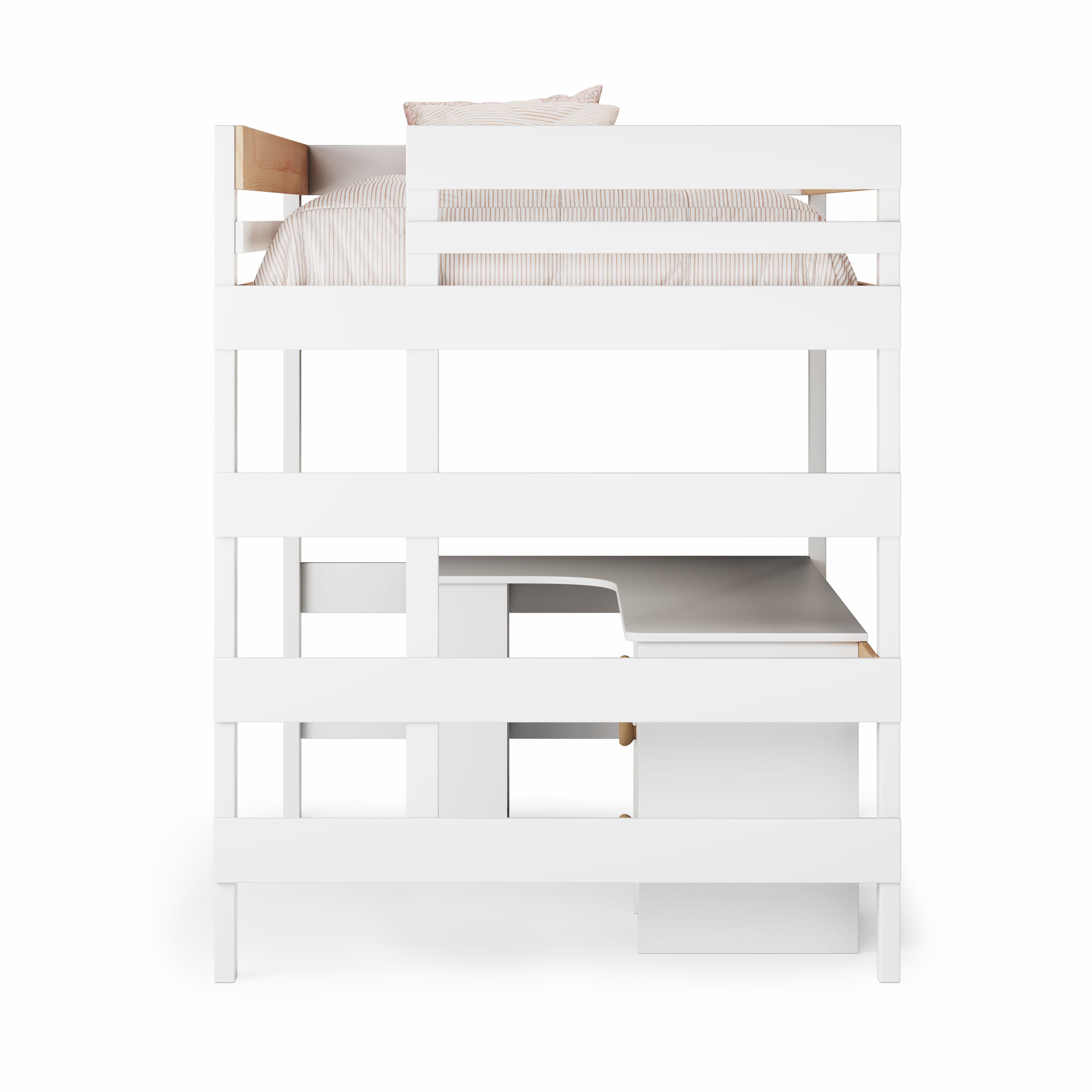 White double loft bed with integrated corner desk and safety rails on top bunk.