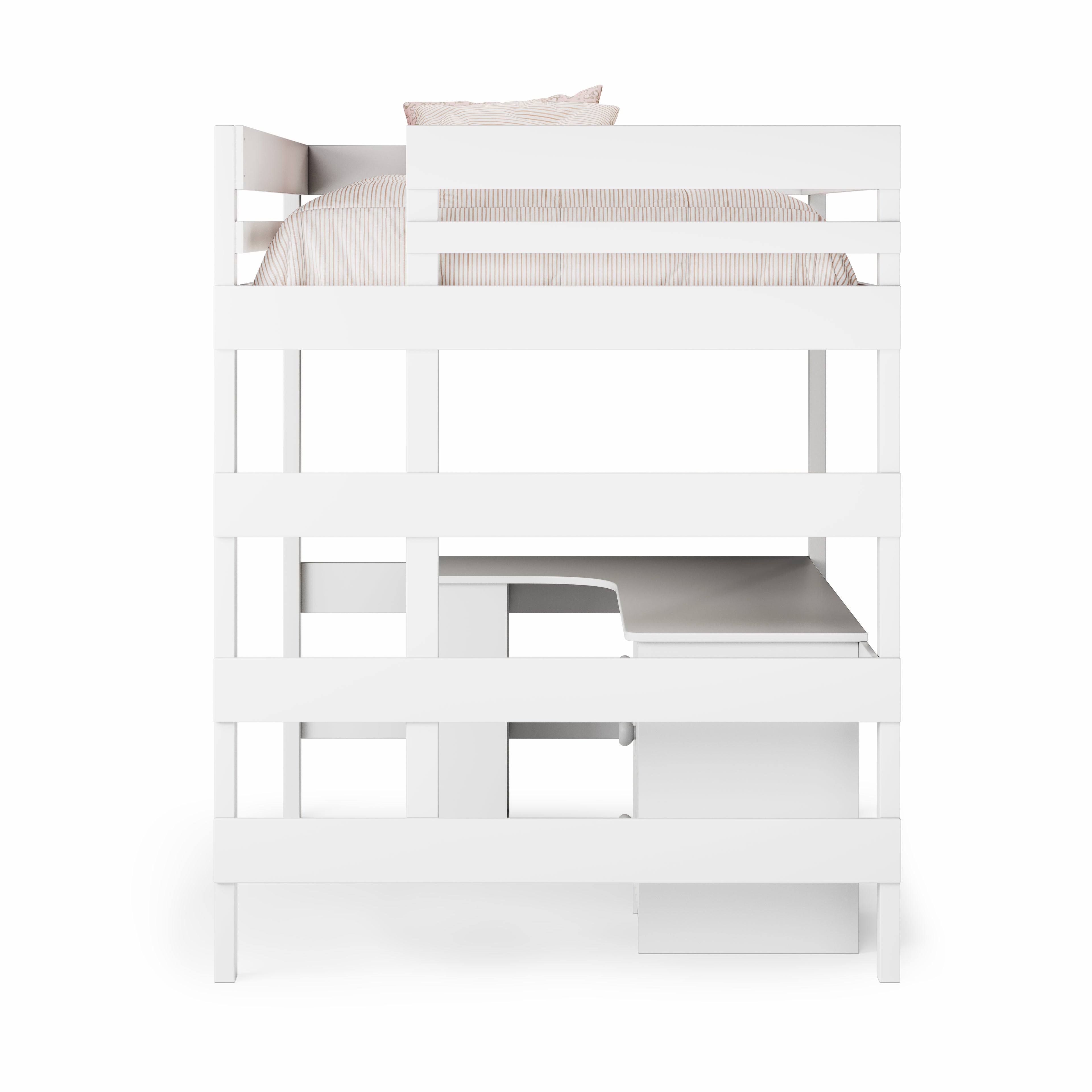 White double loft bed with corner desk, clean modern design and slatted guardrails.