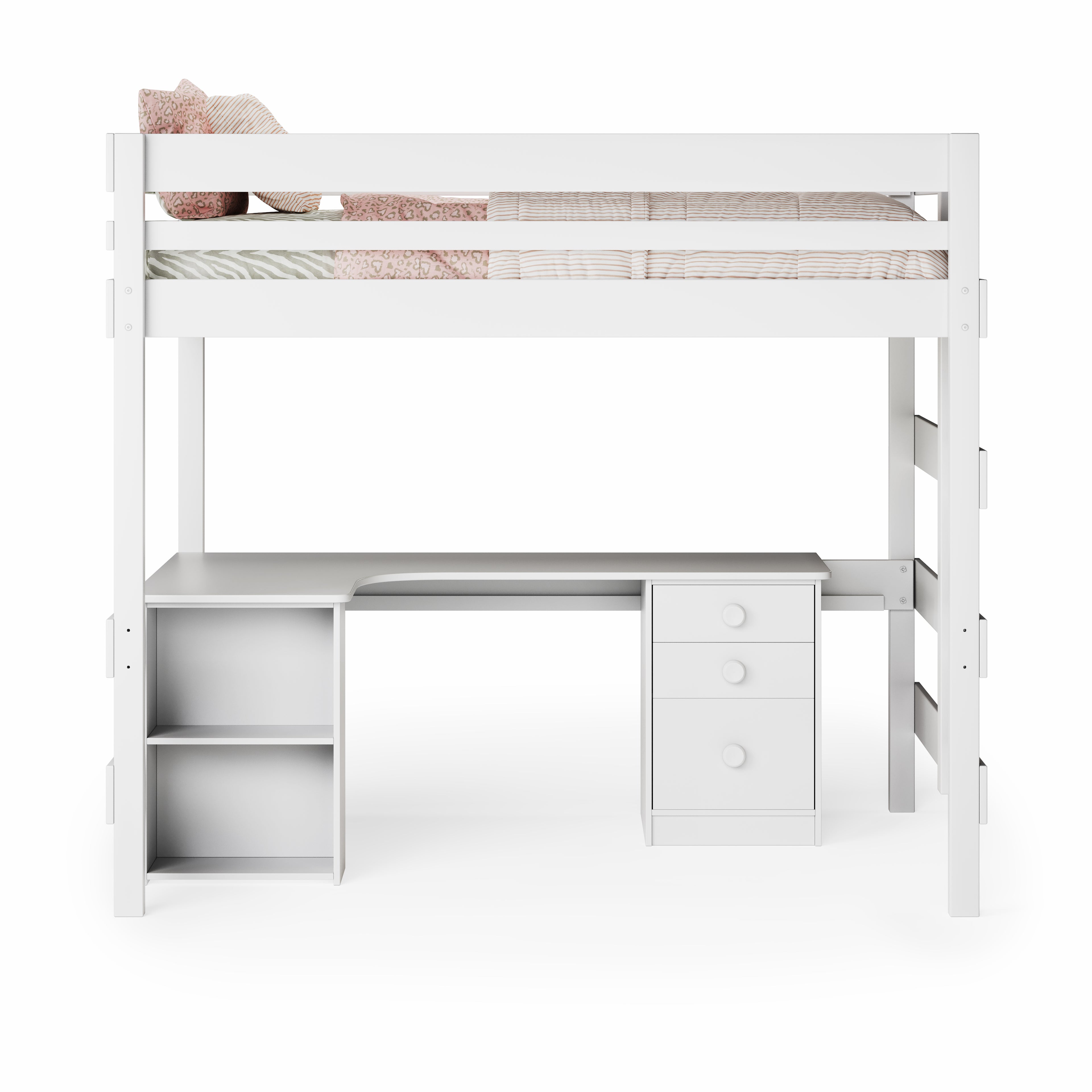 White double loft bed with corner desk, built-in shelves, and three drawers under bed frame.