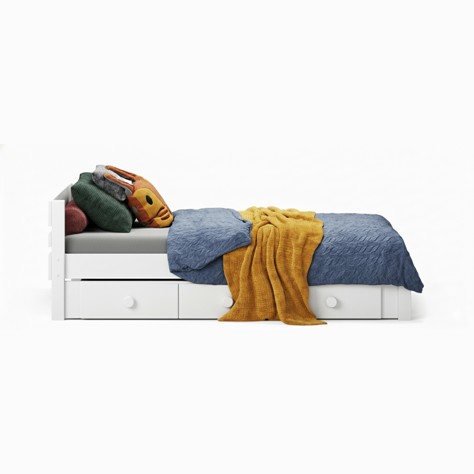 White king single bed with colorful blankets and under bed drawers on a white background