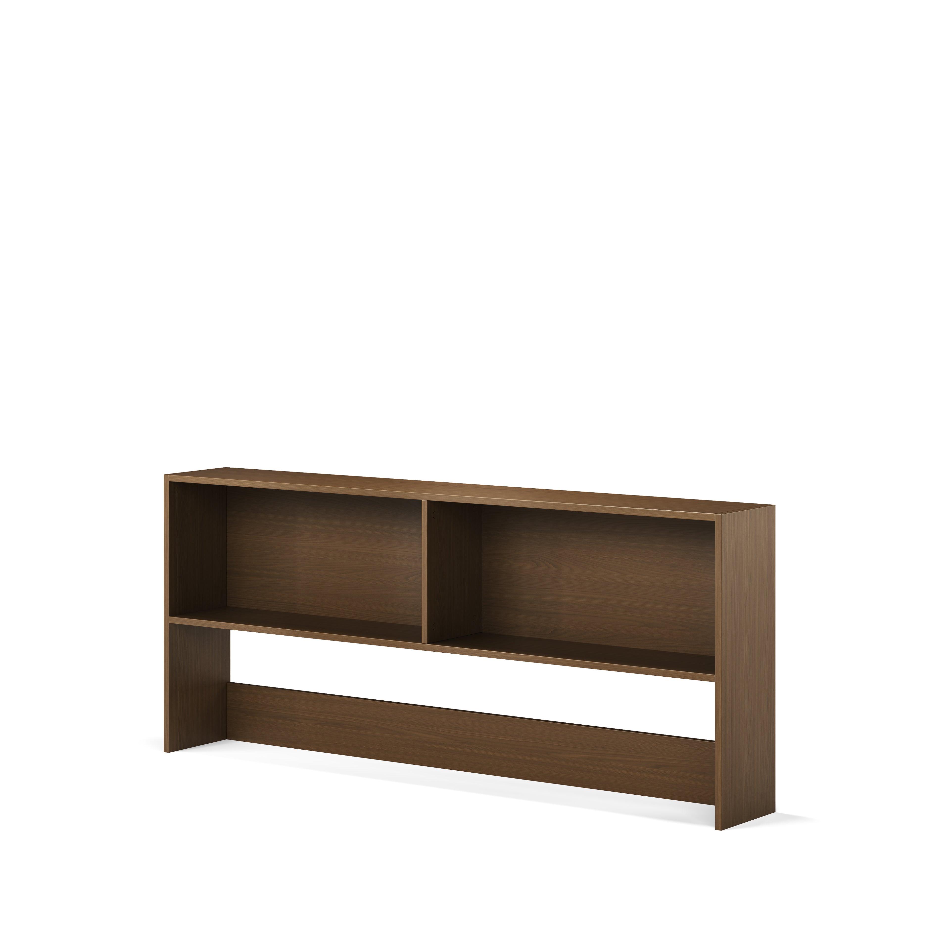 Native Elm finish double loft bed upper storage shelf unit with open compartments.