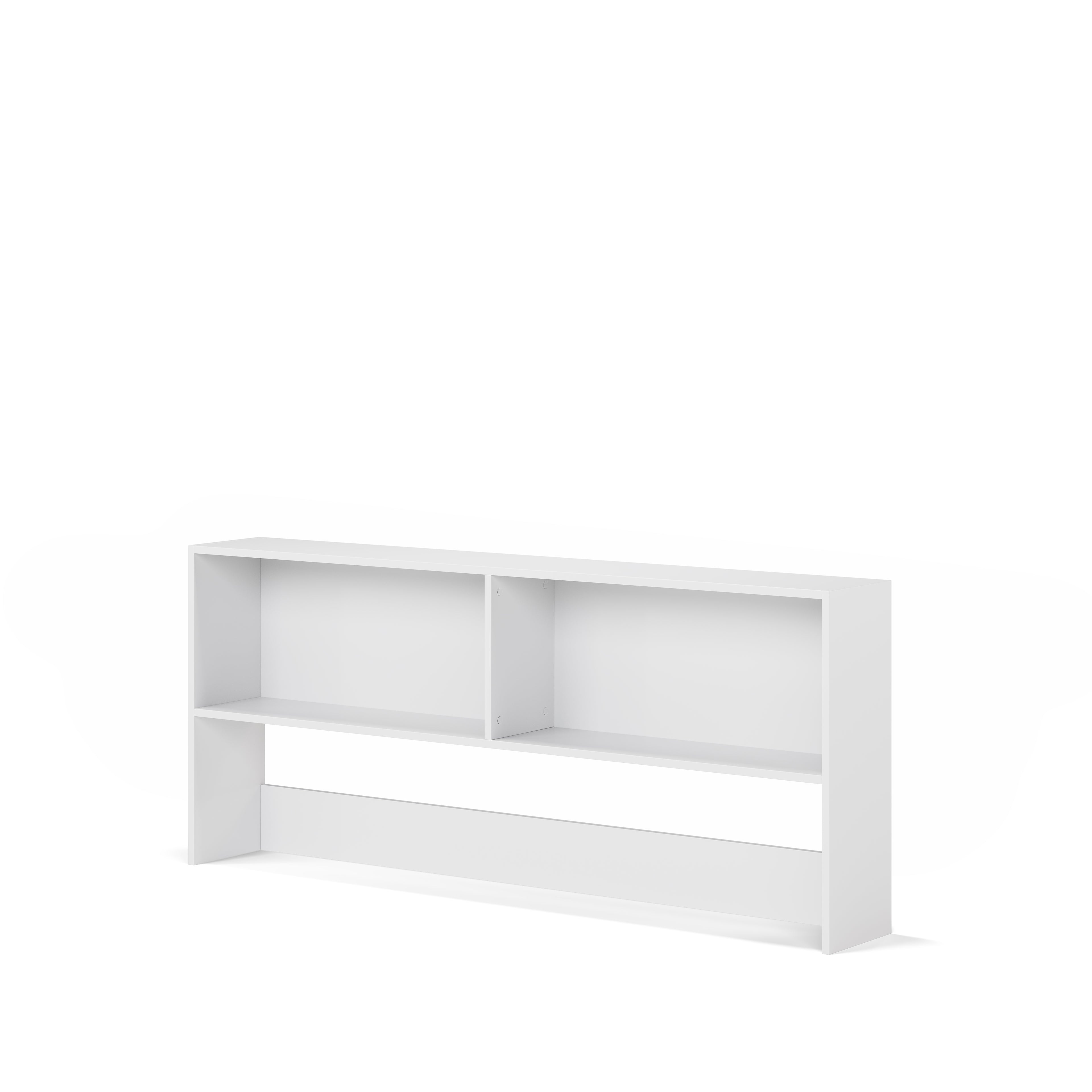 White loft bed upper shelving unit designed to complement a double loft bed with corner desk.