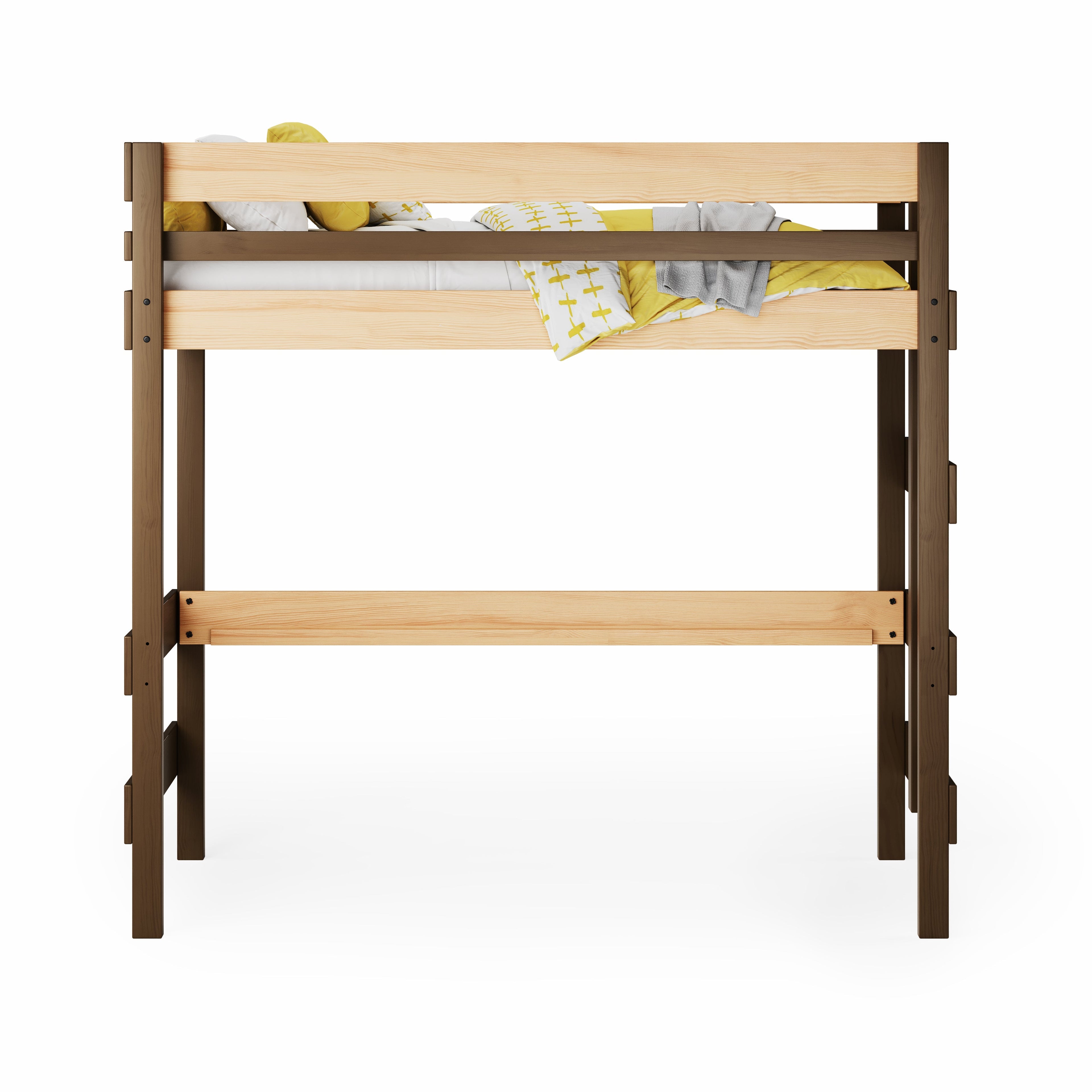 Wooden loft bed with a white mattress and yellow blanket on a white background