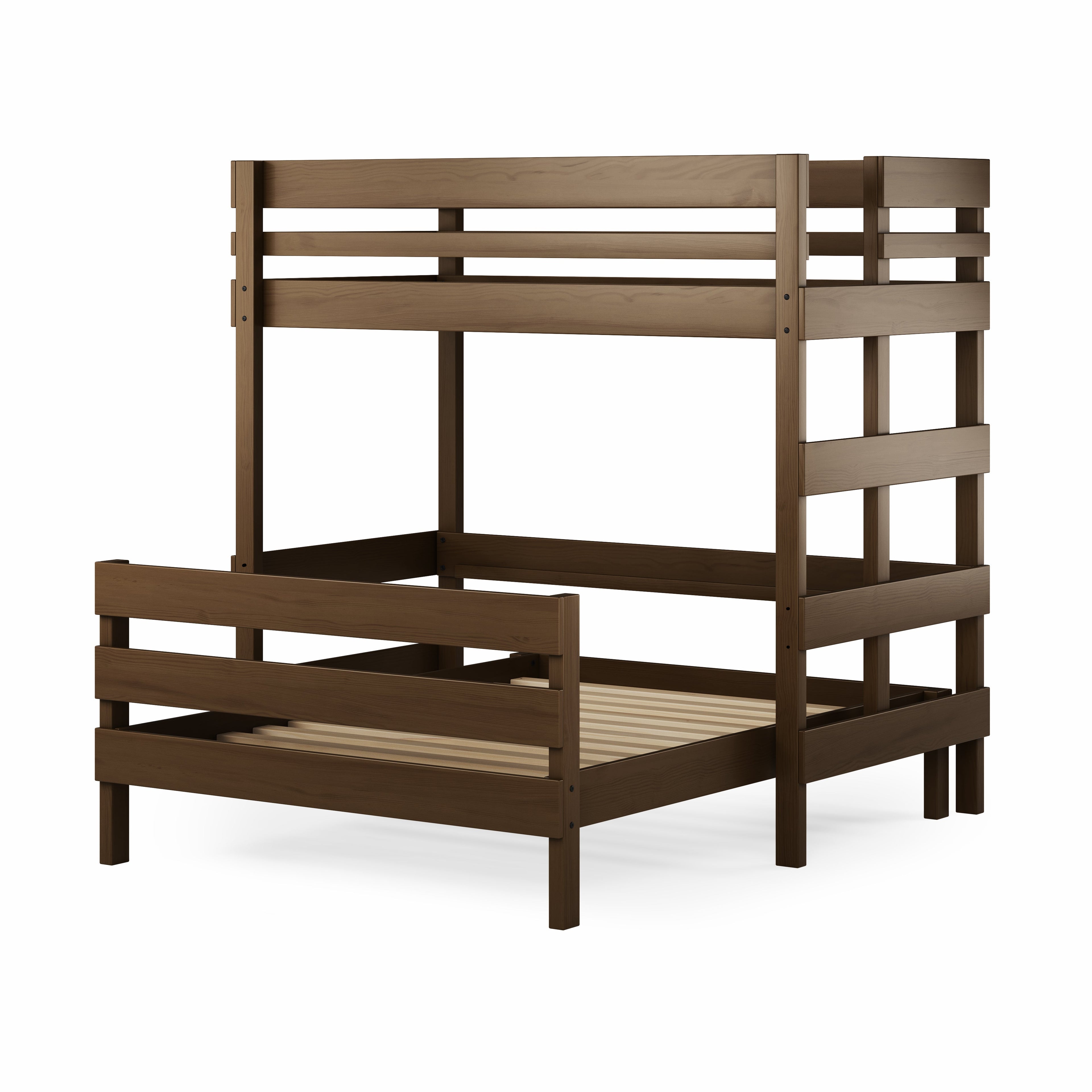 Loft Bed over Standard Bed - Brown wooden loft bed with single upper and double lower bed frames and guard rails.