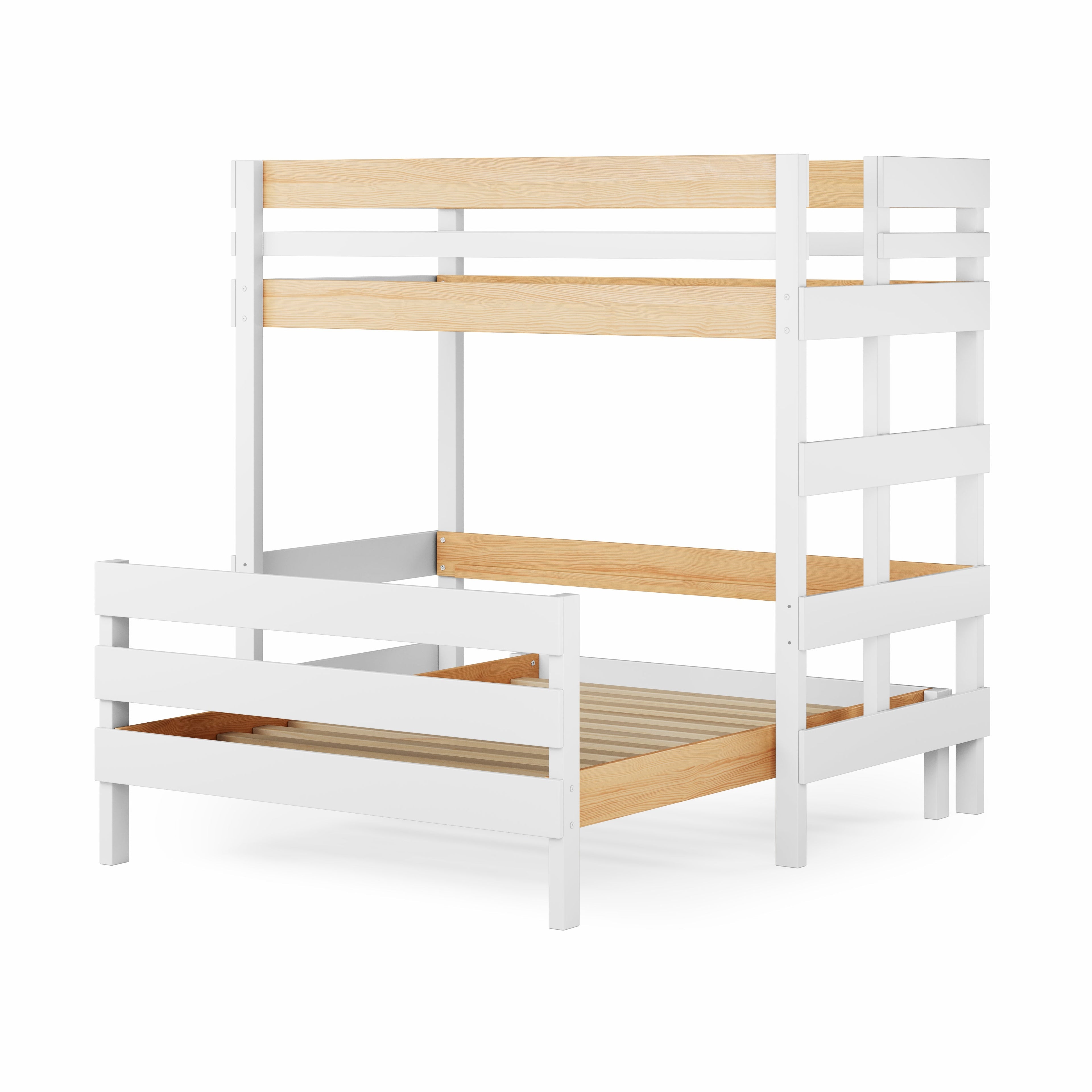 Loft Bed over Standard Bed - White loft bed with upper single bed and lower double bed featuring natural wood slats and guardrails.