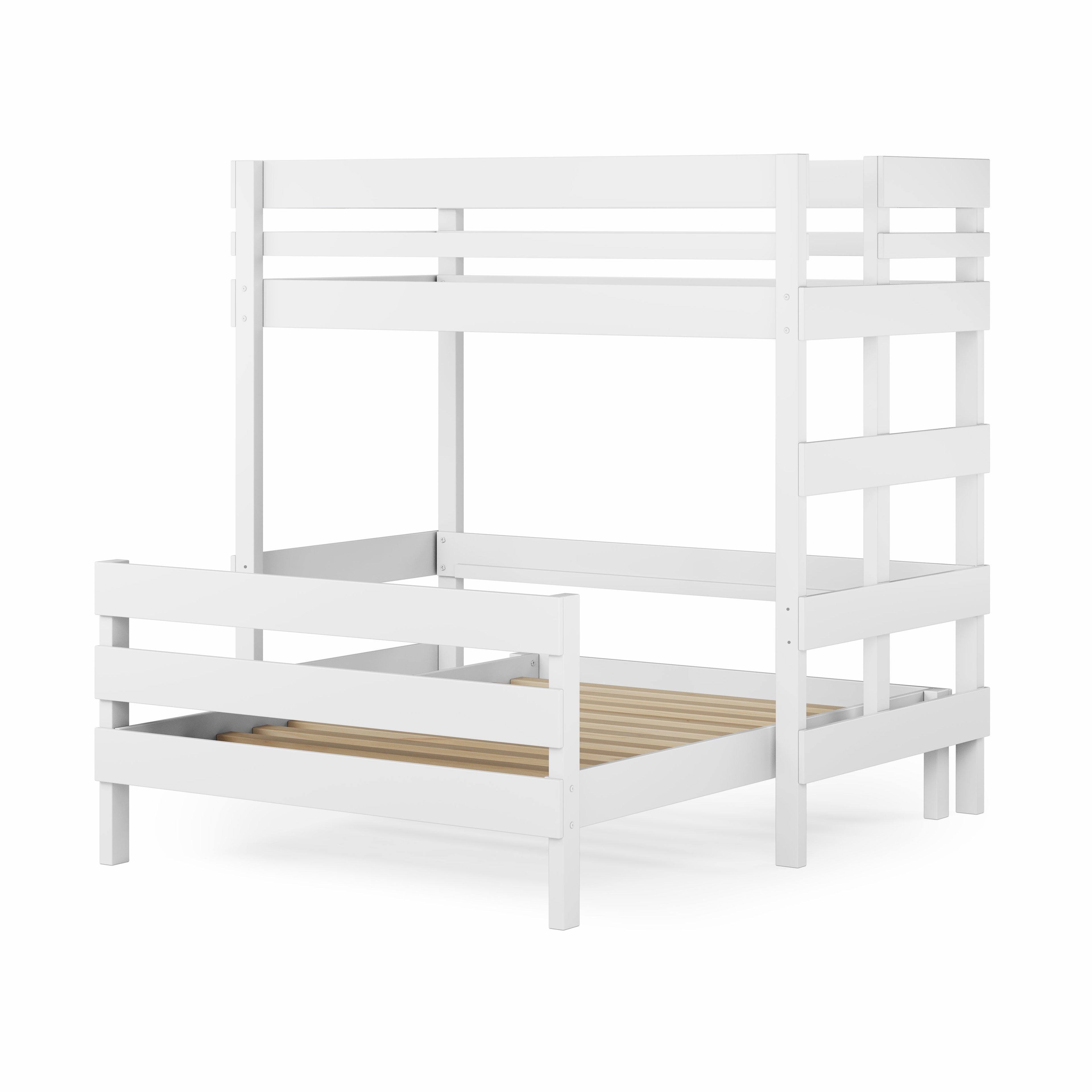Loft Bed over Standard Bed - White wooden loft bed with safety rails and double bed underneath.