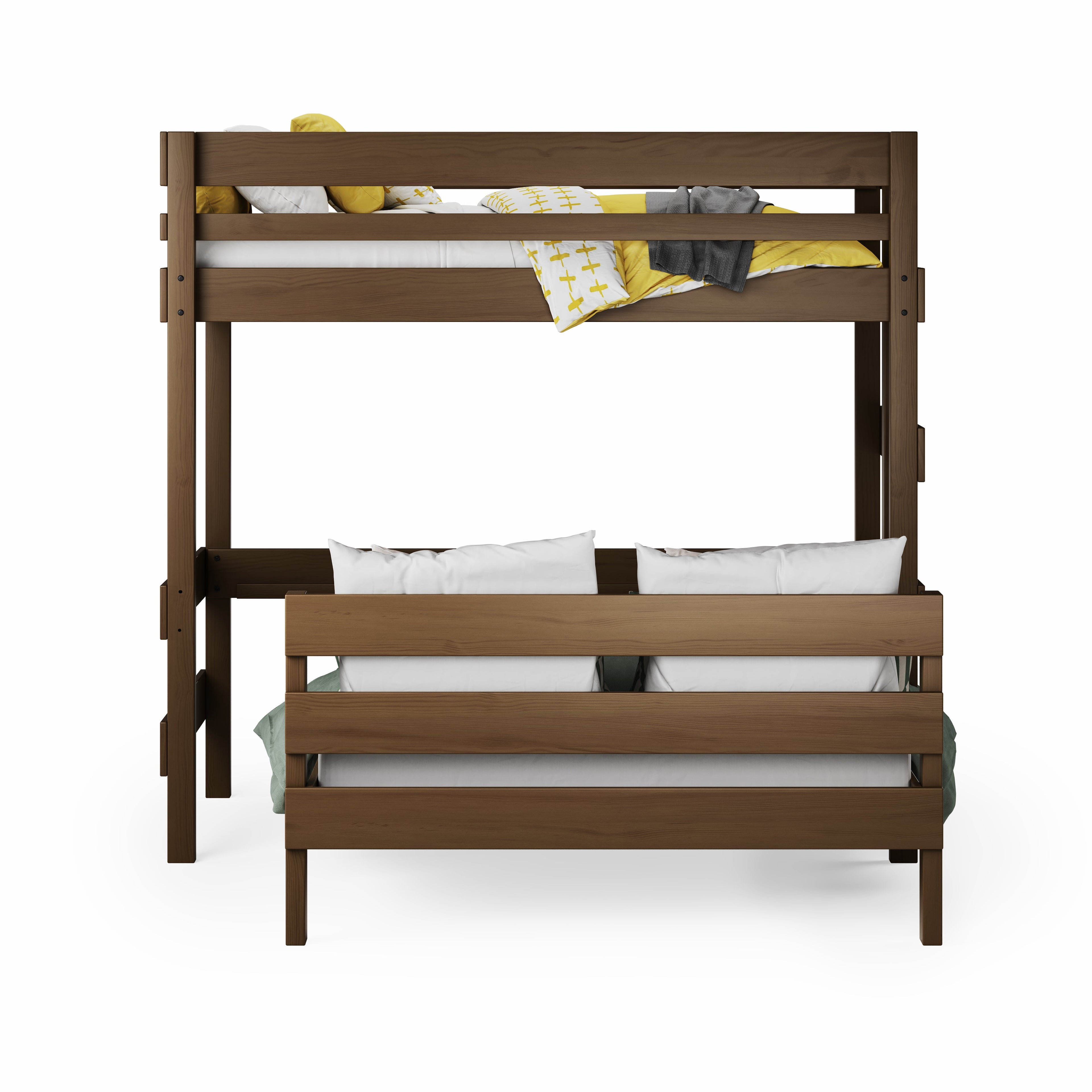 Loft Bed over Standard Bed - Dark wood loft bed with guardrails and a lower double bed framed with pillows.