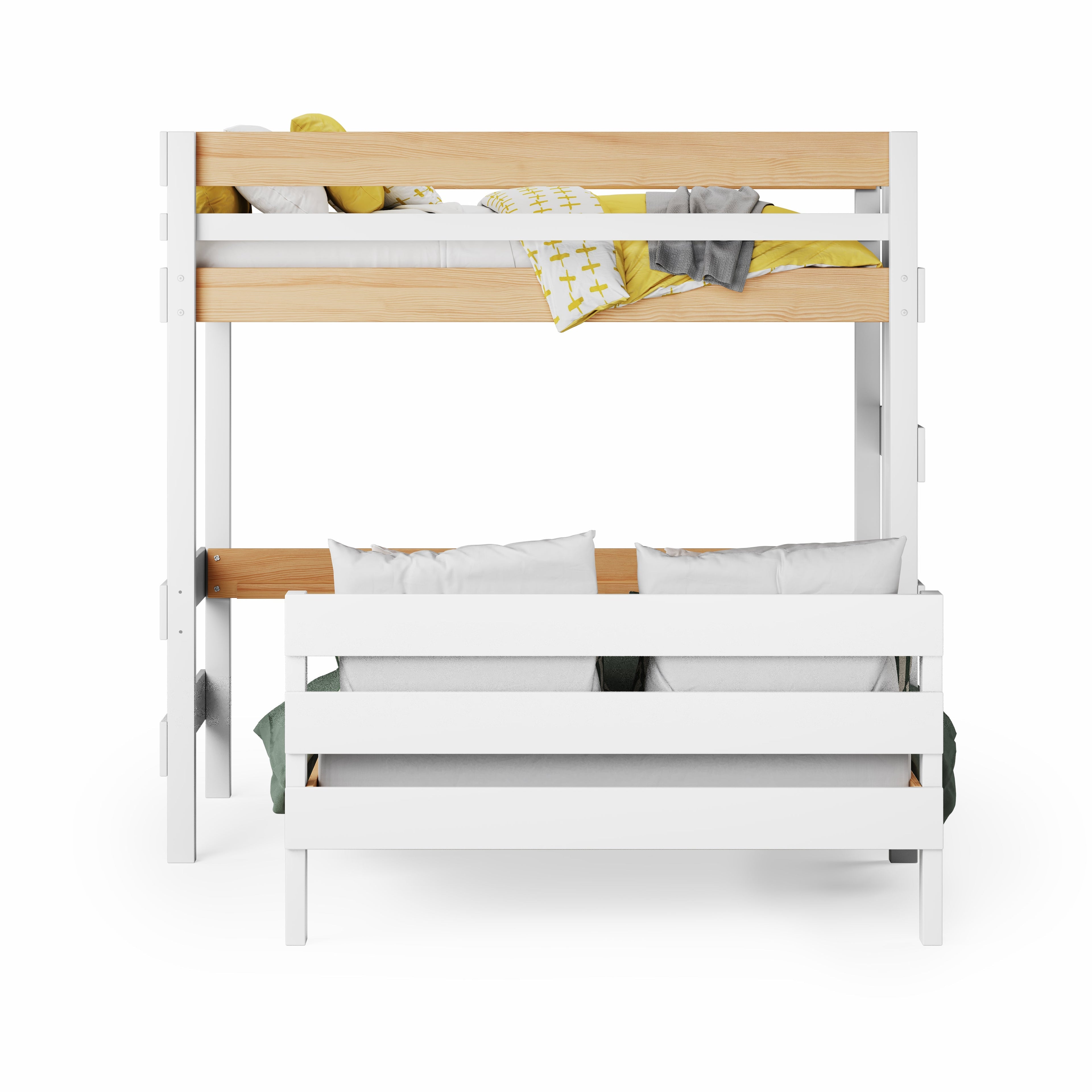 Loft Bed over Standard Bed - White loft bed with standard bed below, natural wood accents and clean modern design.