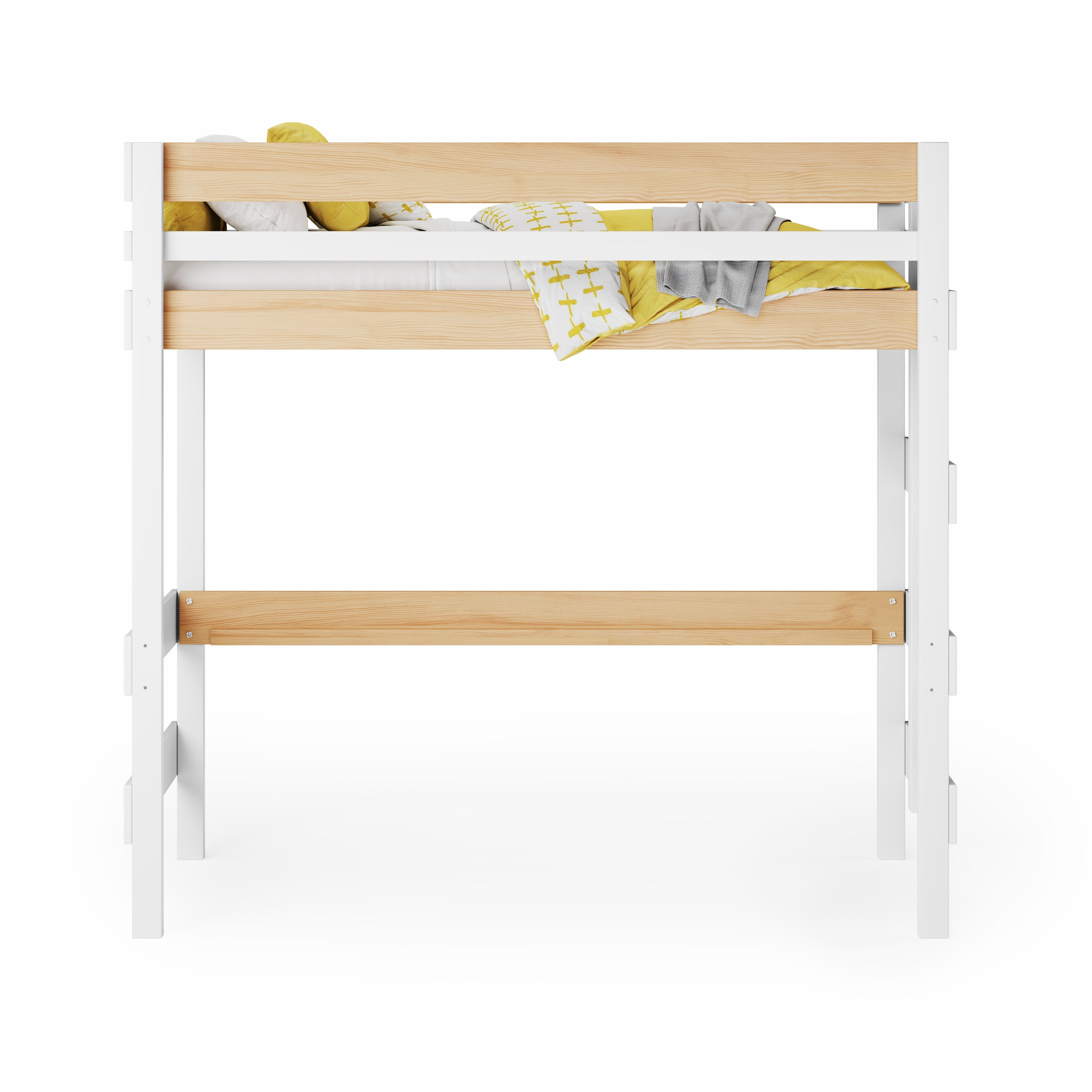 Loft Bed over Standard Bed - White and natural wood loft bed frame with safety rails and ladder on right side.