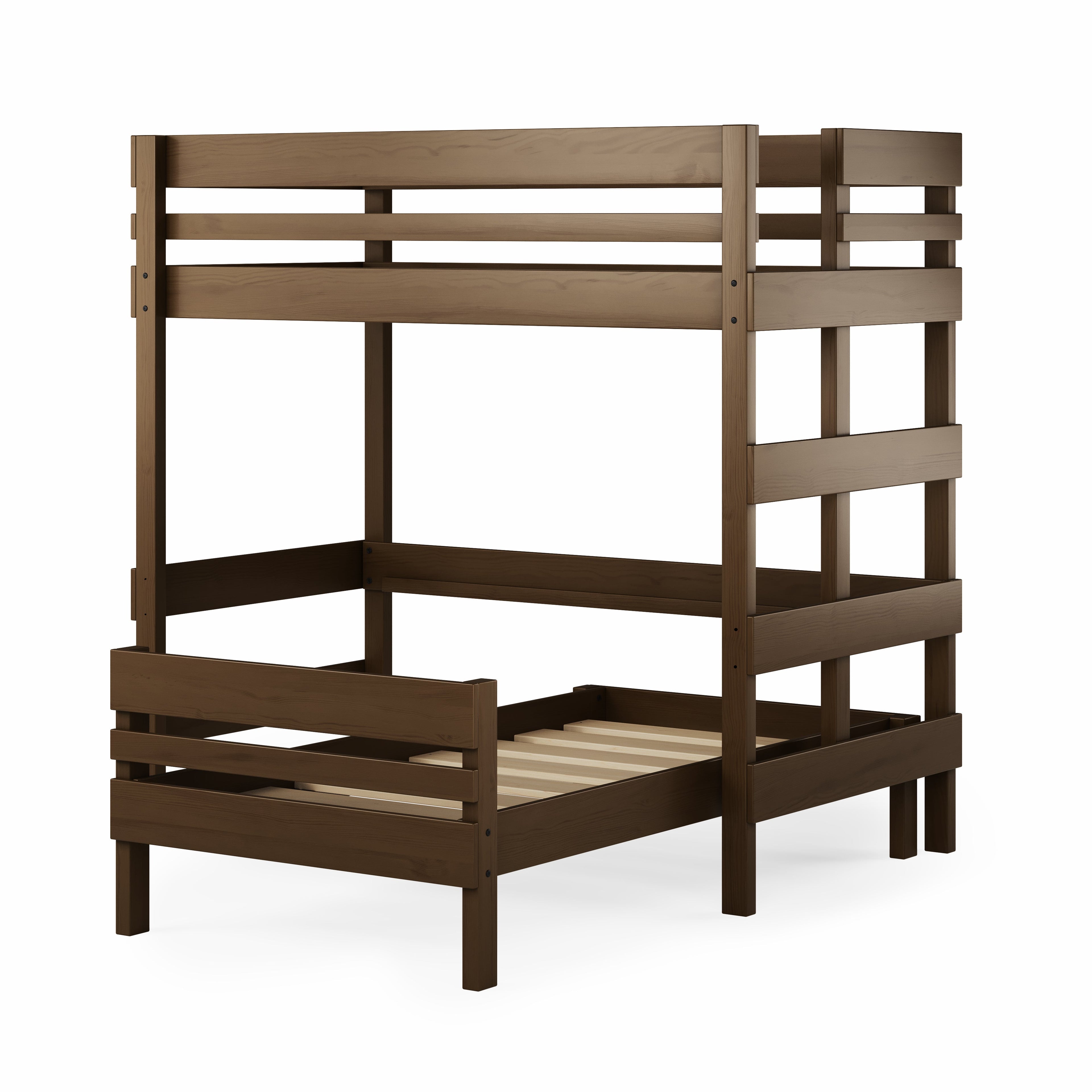 Loft Bed over Standard Bed - Native elm solid wood loft bed with lower standard bed frame, ladder side rails and slatted base.