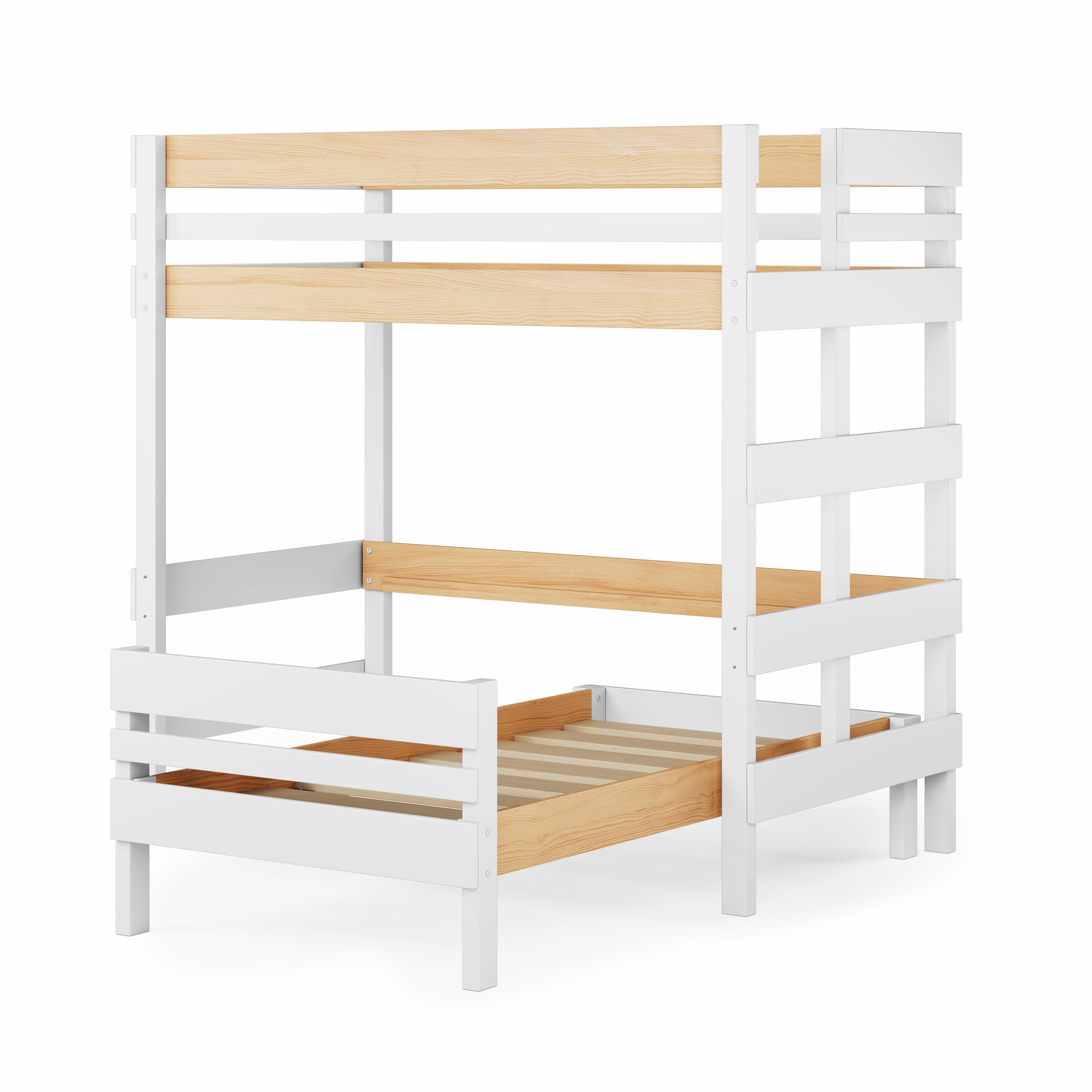 Loft Bed over Standard Bed - White and natural wood loft bed with guardrails and ladder over standard bed frame.