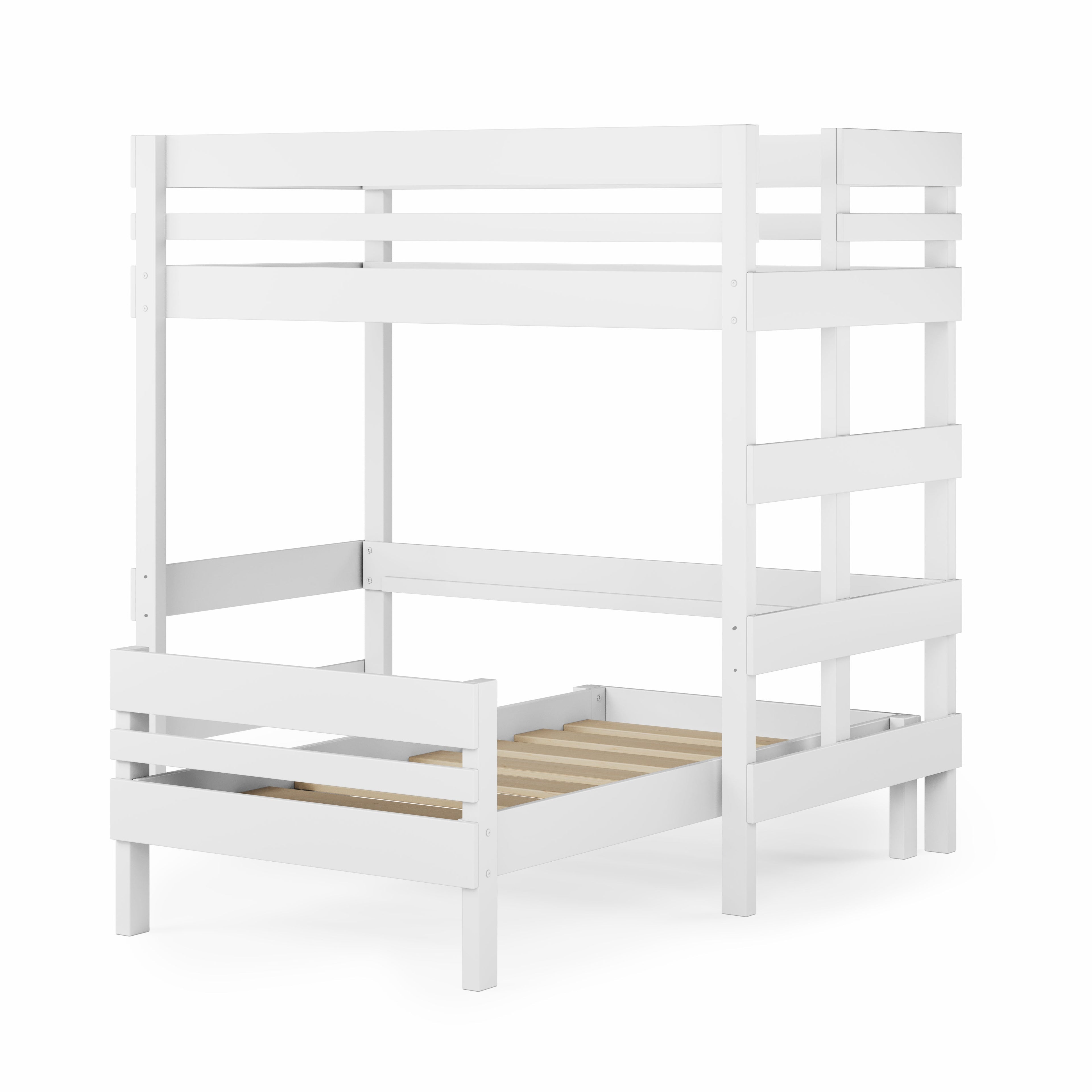 Loft Bed over Standard Bed - White wooden loft bed with built-in ladder and double bed frame underneath.