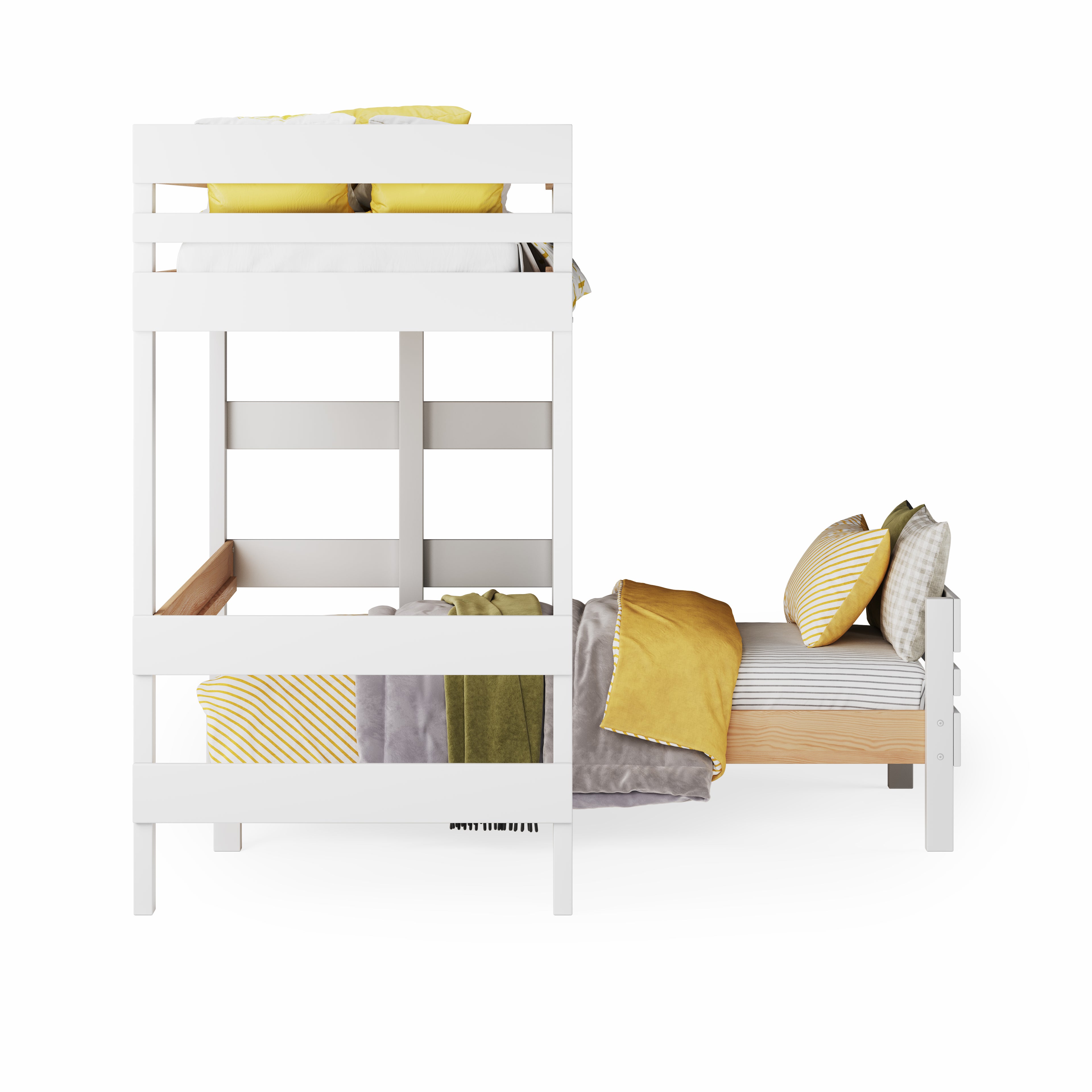 Loft Bed over Standard Bed - White wooden loft bed with upper single bed and lower double bed, ladder on side, yellow and gray bedding.