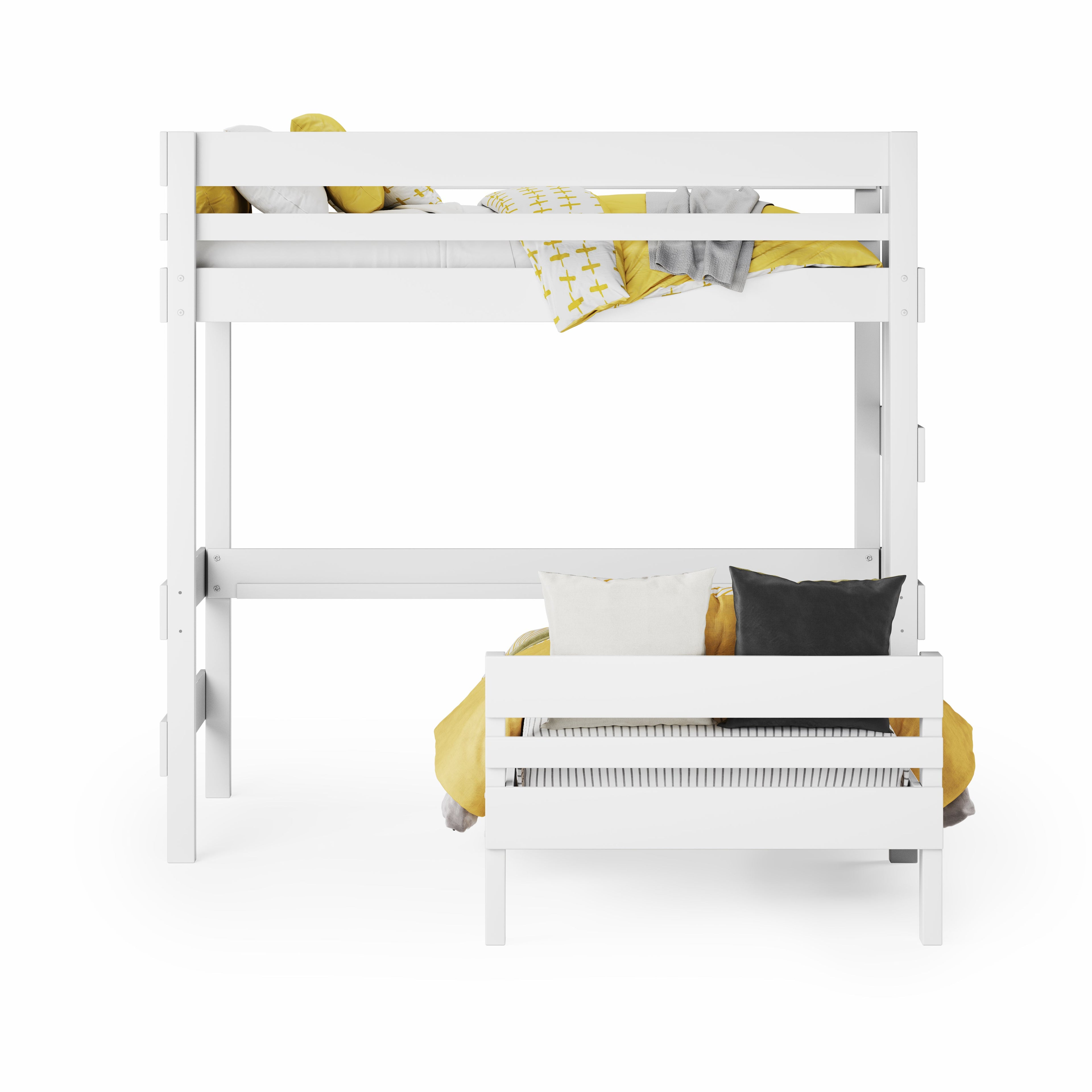 Loft Bed over Standard Bed - White wooden loft bed with standard single bed underneath, minimalist design.