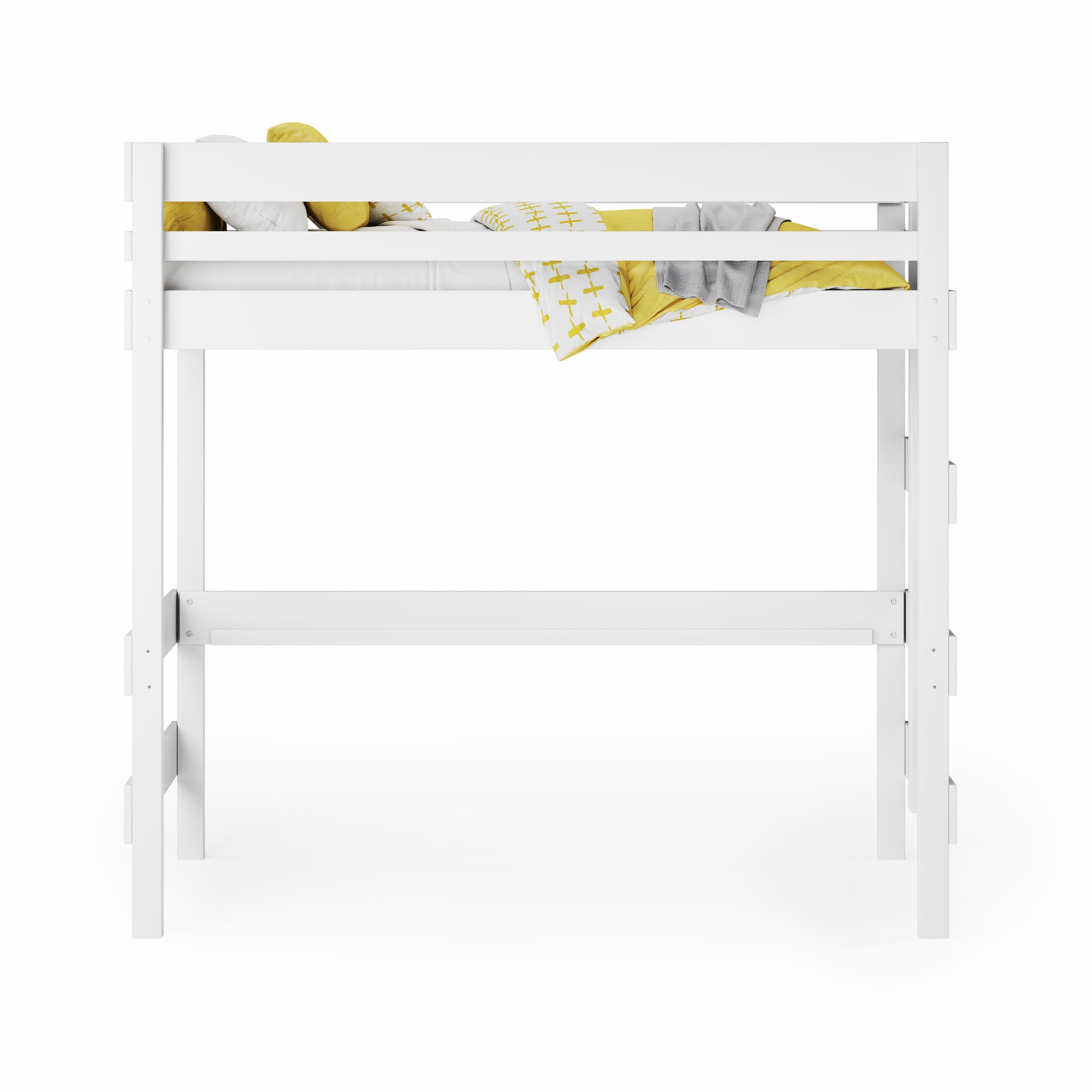 Loft Bed over Standard Bed - White loft bed over standard bed frame with safety rails and ladder on white background.