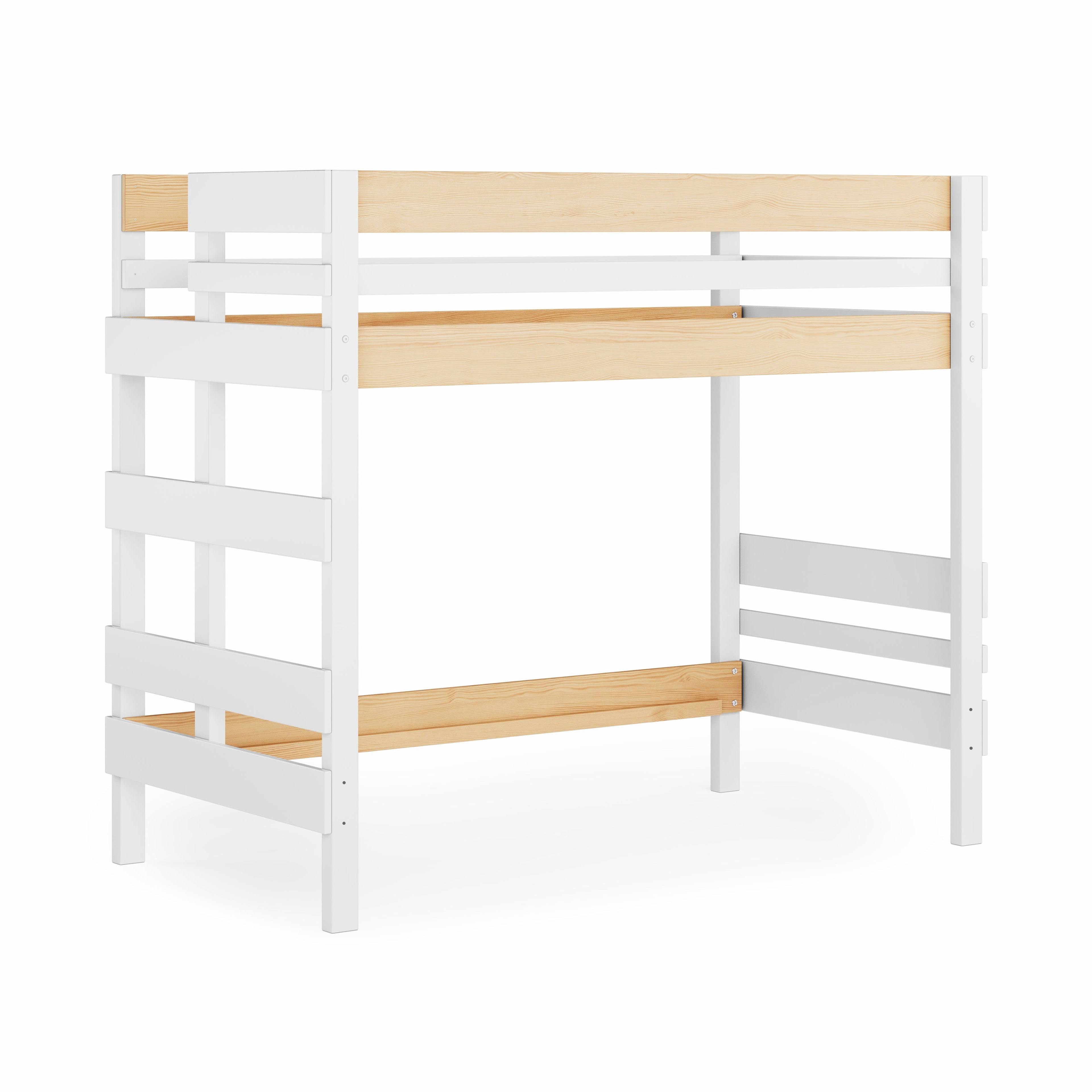 White and native elm wood loft bed with safety rails and ladder on side.