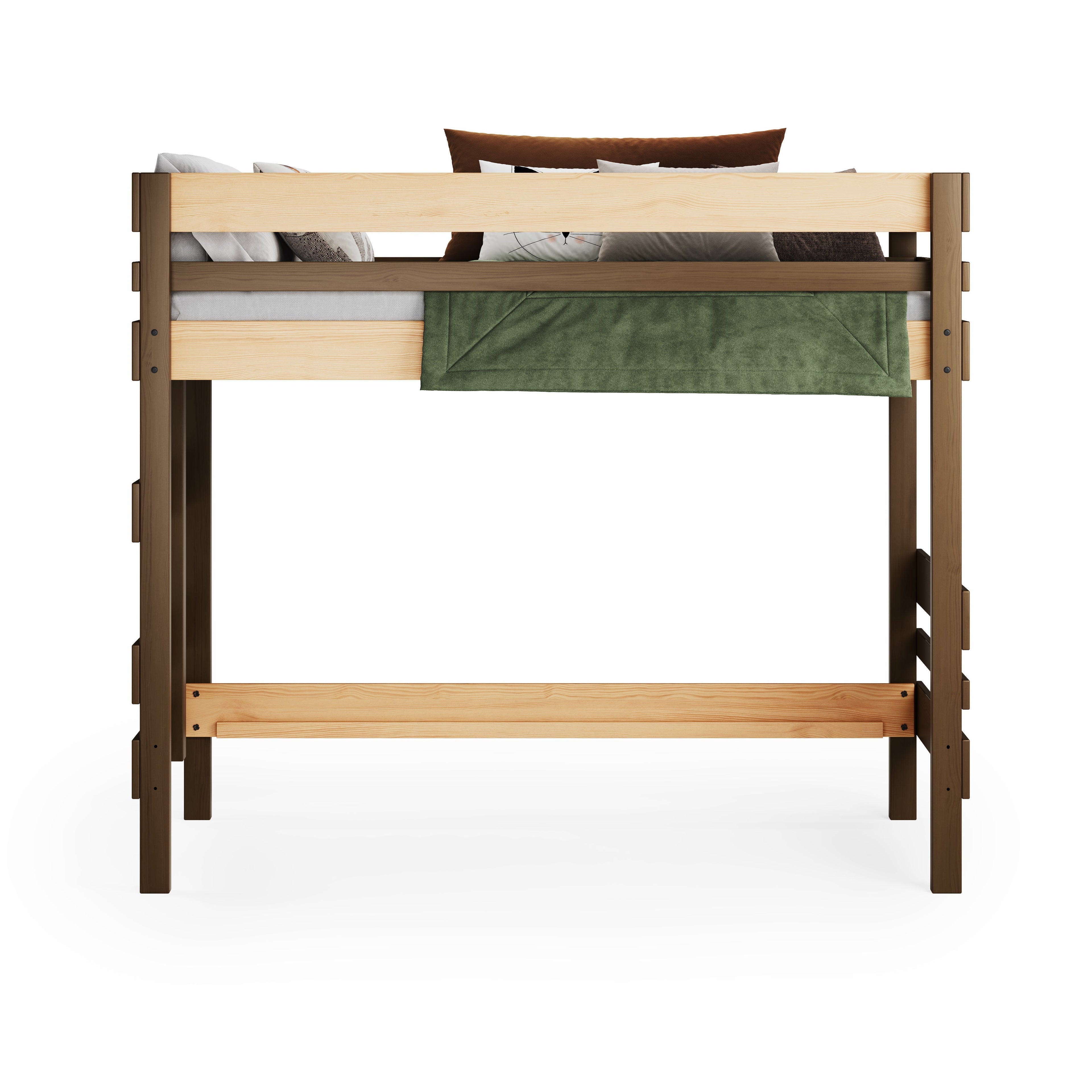 Native elm loft bed with horizontal guard rails and raised sleeping platform.