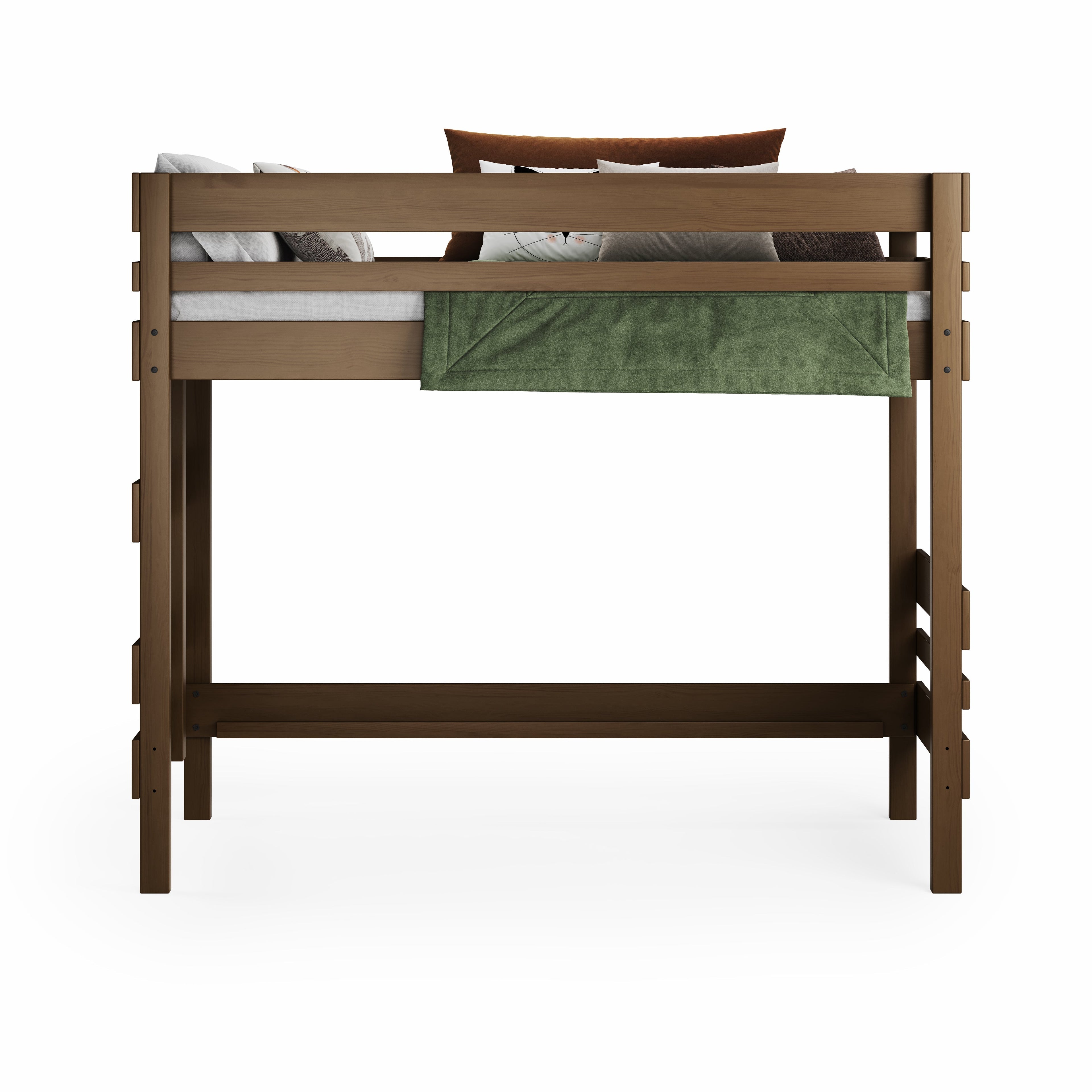 Native Elm loft bed in single size with slatted guardrails and ladder integrated into the frame.