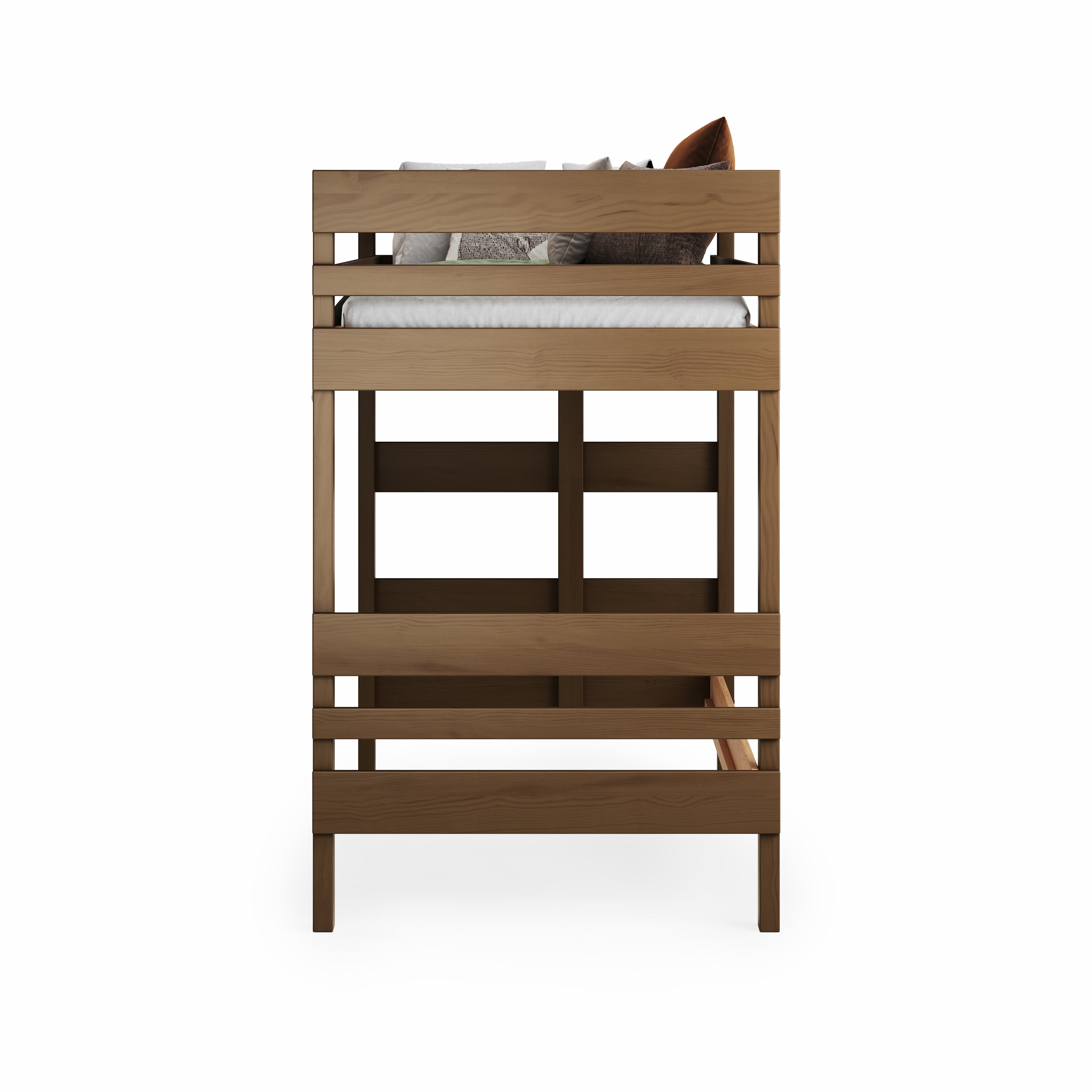 Native Elm loft bed with raised guardrails and sturdy ladder frame in a natural wood finish.