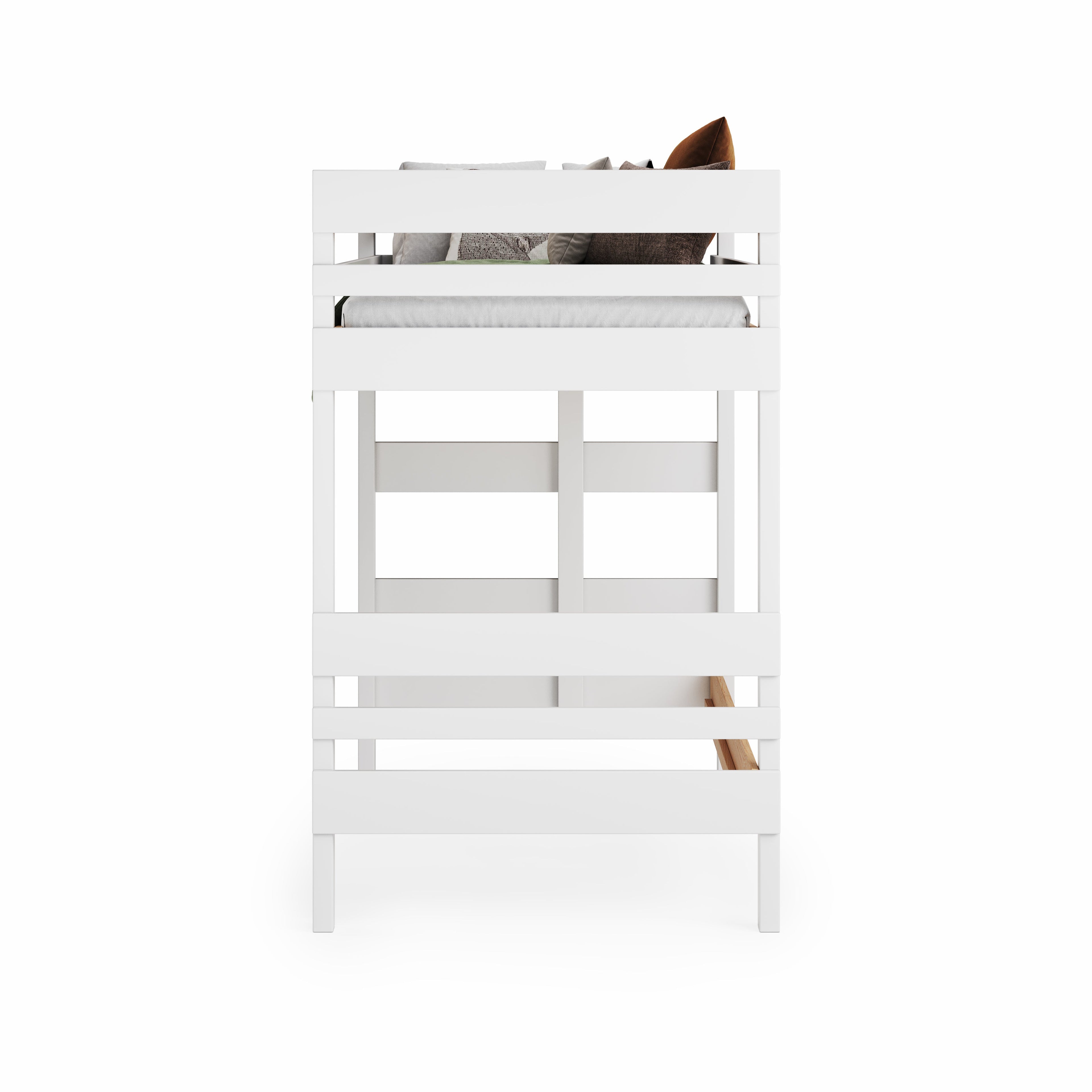 White wooden loft bed with slatted guardrails and integrated ladder.
